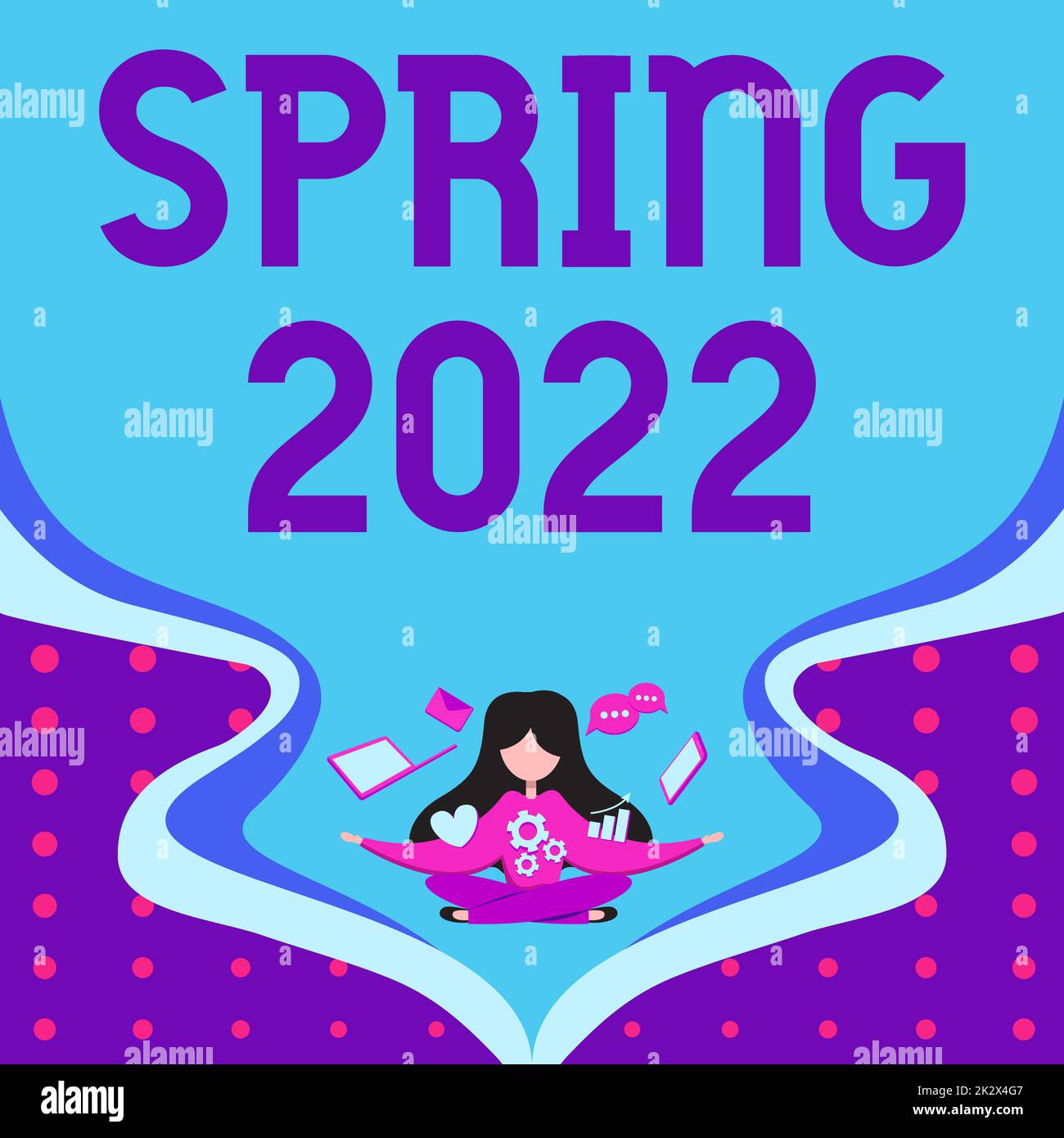Text caption presenting Spring 2022. Internet Concept time of year where flowers rise following winter season Woman Surrounded With Technological Devices Presenting Future Advances. Stock Photo
