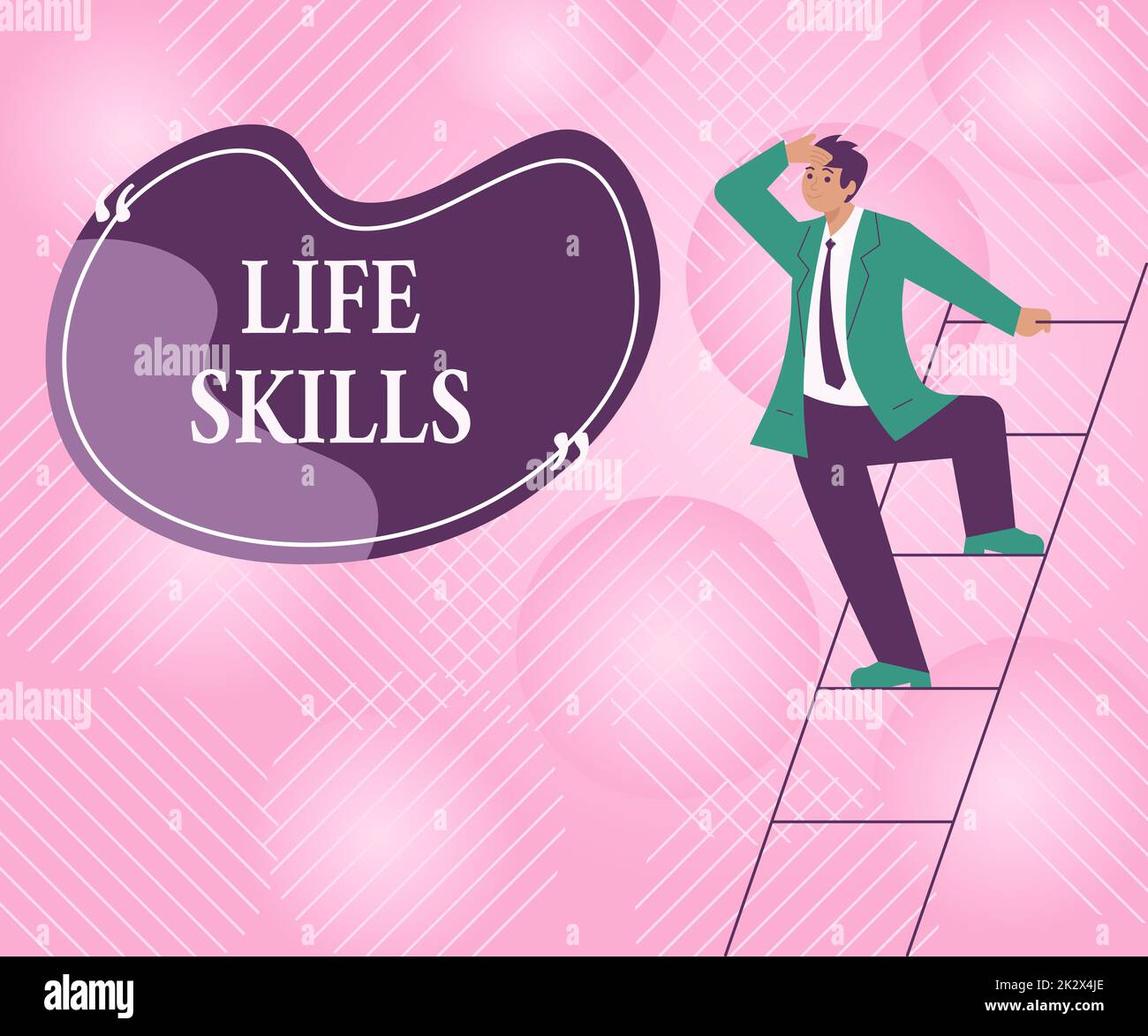 Conceptual caption Life Skills. Word Written on that is necessary or desirable full participation in everyday Gentleman In Suit Standing Ladder Searching Latest Plan Ideas. Stock Photo