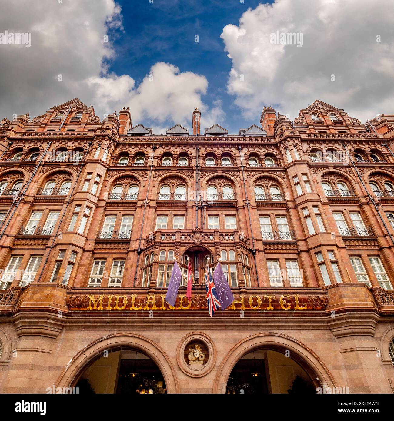 Exterior façade of the Midland Hotel seen from Peter Street in Manchester. Stock Photo