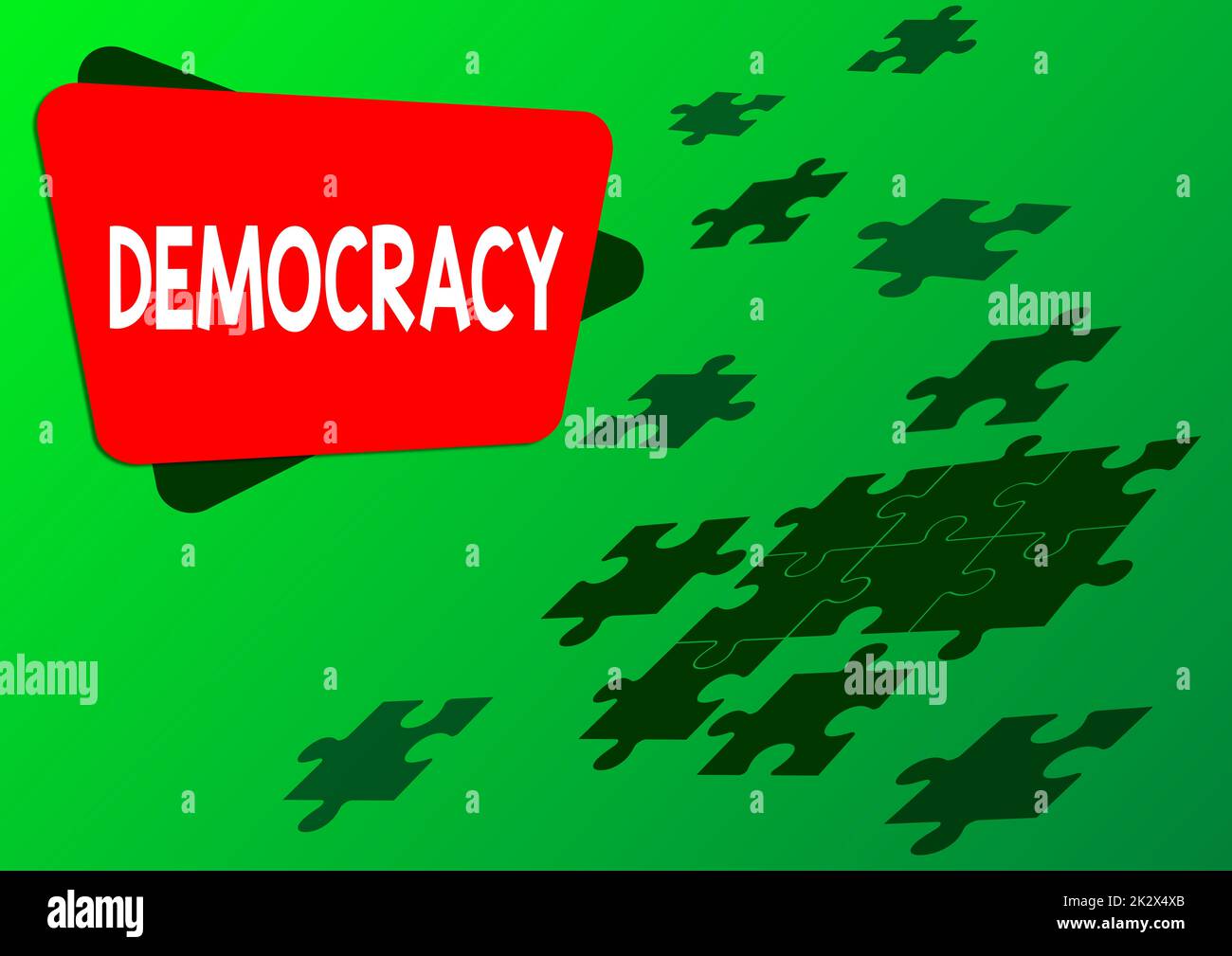 Writing displaying text Democracy. Conceptual photo freedom of the showing to express their feelings and beliefs Jigsaw puzzle pieces merging together symbolizing realization of new ideas. Stock Photo