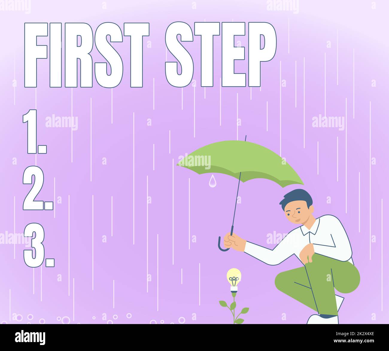Text caption presenting First Step. Business approach Pertaining to the start of a certain process or beginning Gentleman Holding Umbrella Growing Flower Presenting Newest Project Ideas. Stock Photo
