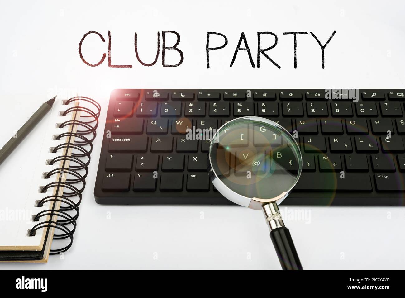 Handwriting text Club Party. Word for social gathering in a place that is informal and can have drinks Computer Keyboard And Symbol.Information Medium For Communication. Stock Photo
