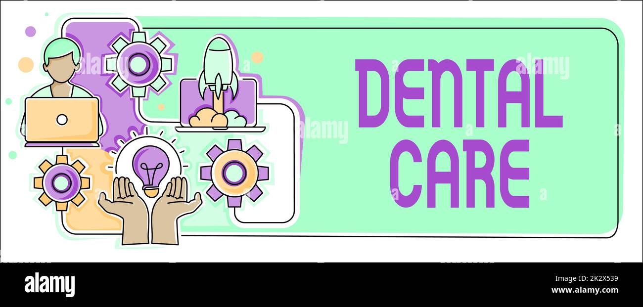 Text sign showing Dental Care. Business concept maintenance of healthy teeth or to keep it clean for future Hands Holding Lamp Rocket With Businessman Presenting New Ideas Startups Stock Photo