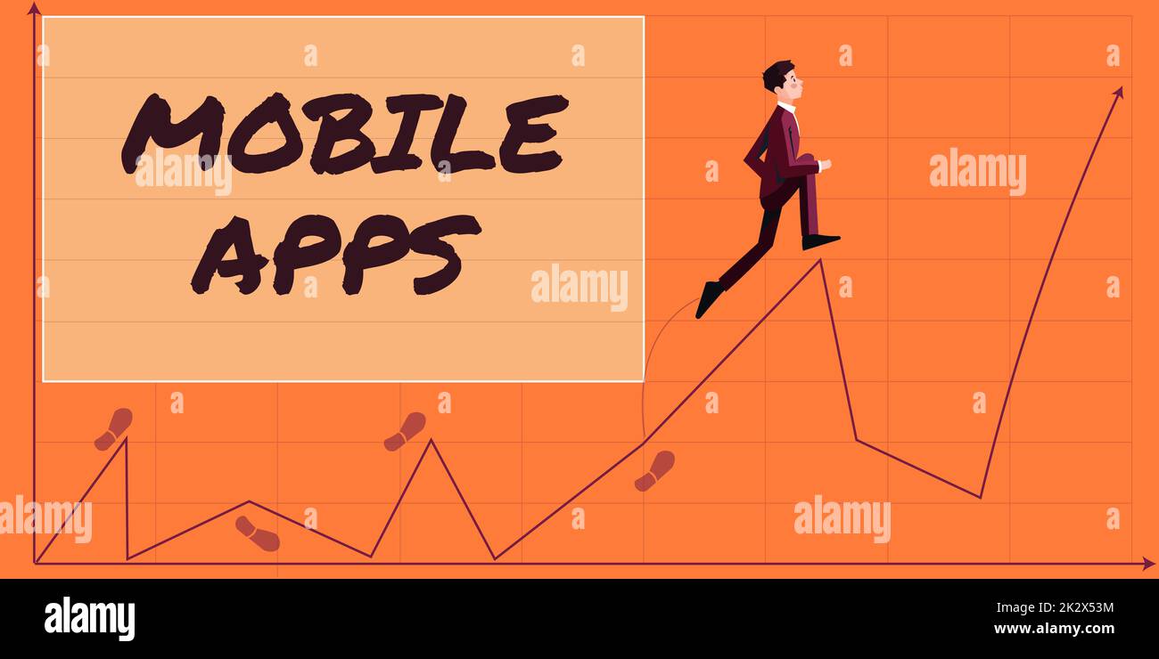 Hand writing sign Mobile Apps. Business idea small programs are made to work on phones like app store or app store usinessman climbing upwards growth chart representing project success. Stock Photo