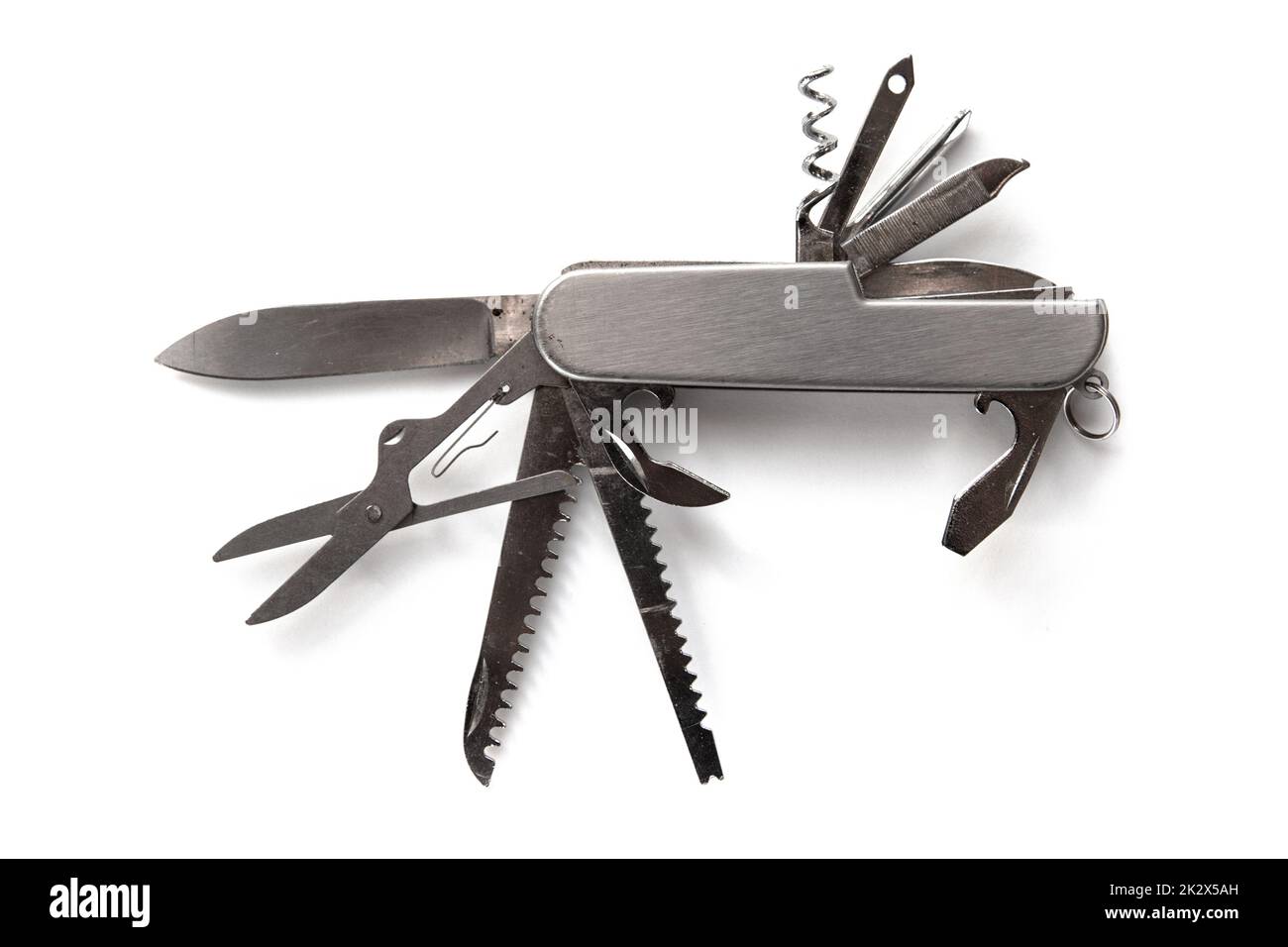 Metallic swiss knife isolated on white Stock Photo