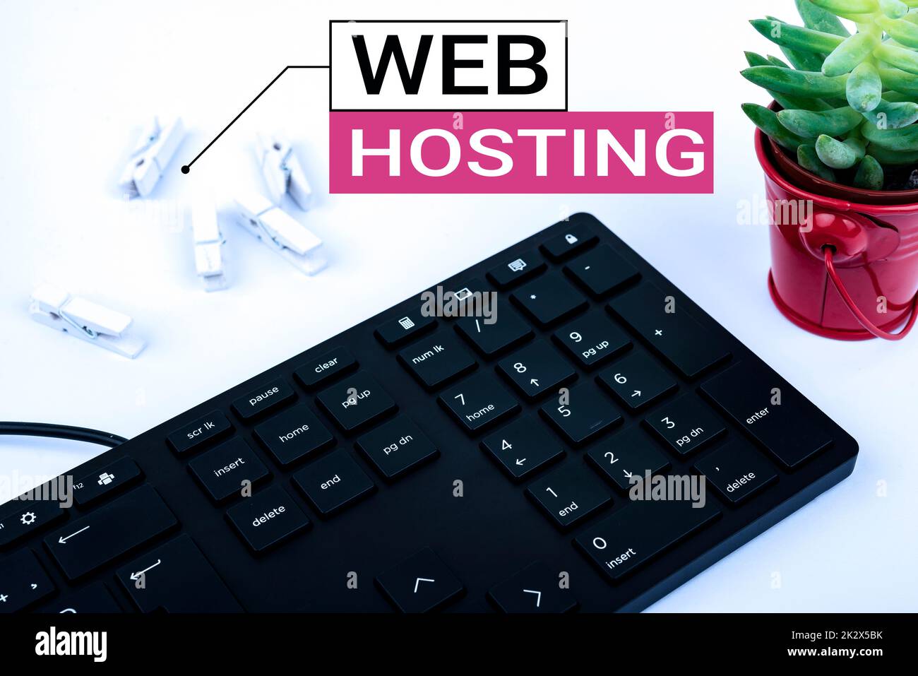 Conceptual display Web Hosting. Business showcase The activity of providing storage space and access for websites Computer Keyboard And Symbol.Information Medium For Communication. Stock Photo