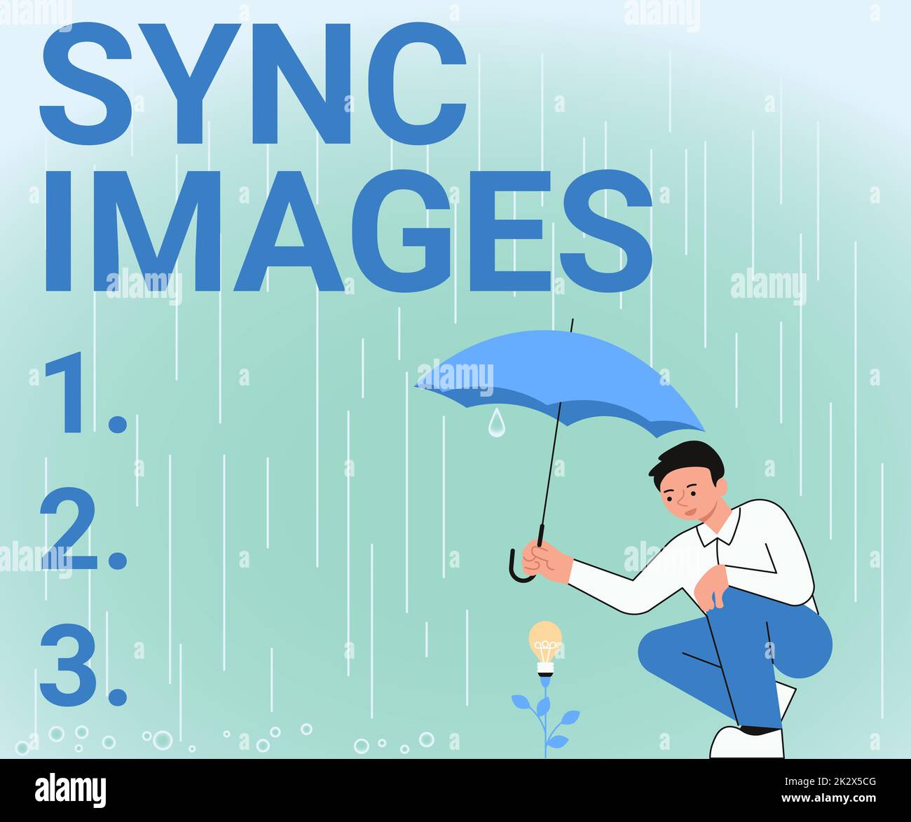 Hand writing sign Sync Images. Conceptual photo Making photos identical in all devices Accessible anywhere Gentleman Holding Umbrella Growing Flower Presenting Newest Project Ideas. Stock Photo