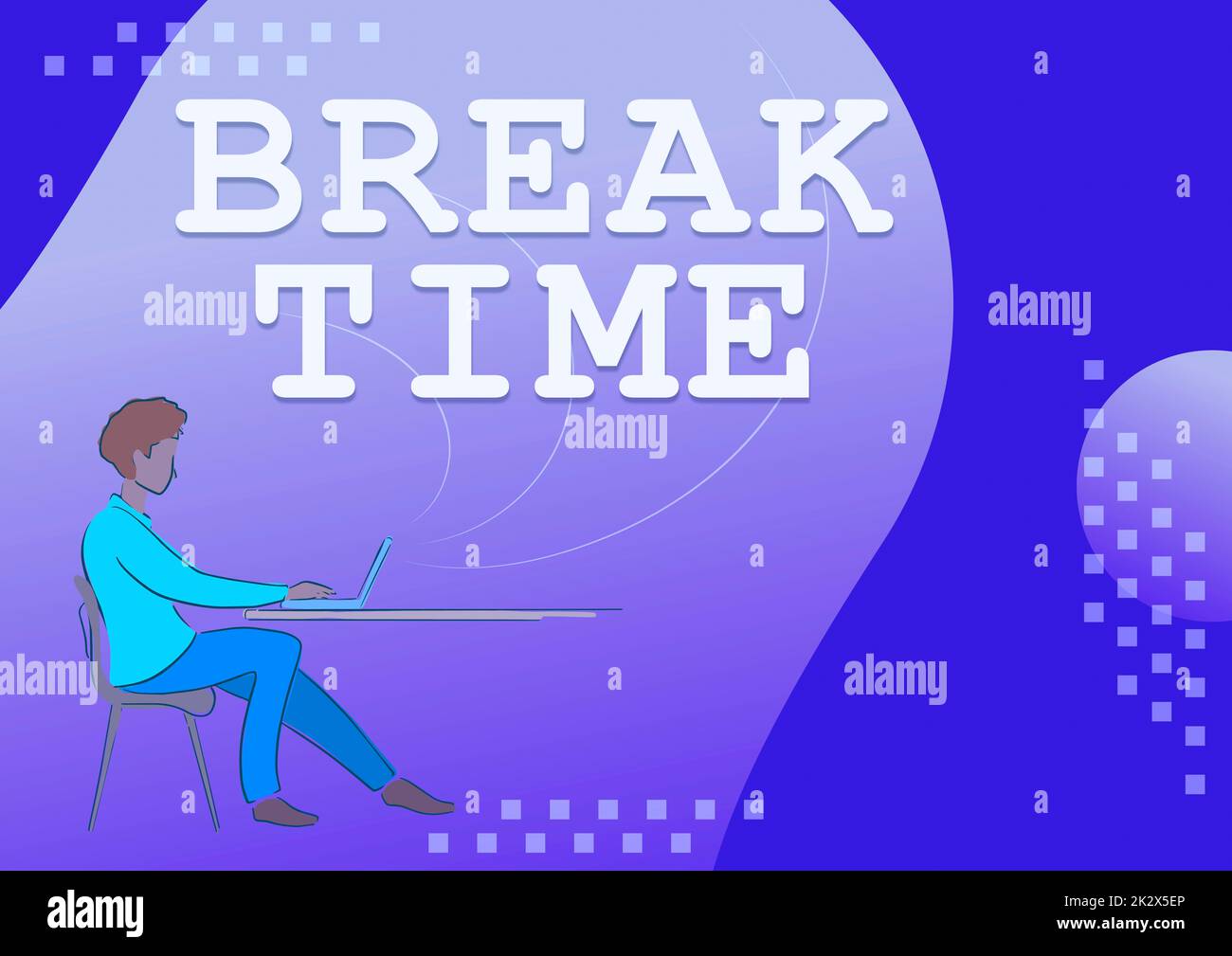 Sign displaying Break Time. Internet Concept Period of rest or recreation after doing of certain work Person sitting desk using computer working towards reaching goals. Stock Photo