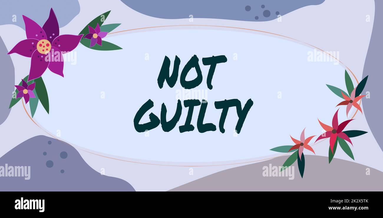 Writing displaying text Not Guilty. Word for someone is innocent didnt commit specific crime He free Frame Decorated With Colorful Flowers And Foliage Arranged Harmoniously. Stock Photo