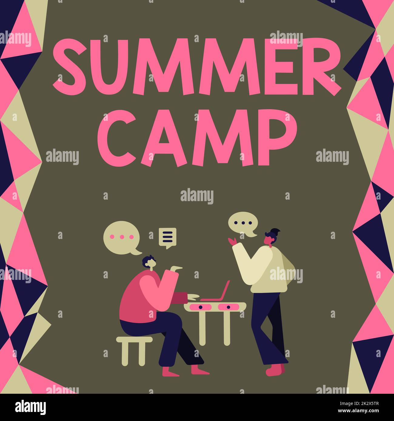 Text caption presenting Summer Camp. Business showcase Supervised program for kids and teenagers during summertime. Colleagues Having Meeting Discussing Future Project Improvement Ideas. Stock Photo
