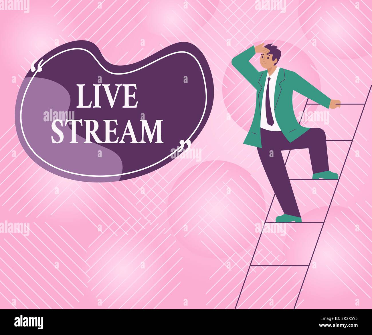 Inspiration showing sign Live Stream. Business concept transmit or receive video and audio coverage over Internet Gentleman In Suit Standing Ladder Searching Latest Plan Ideas. Stock Photo