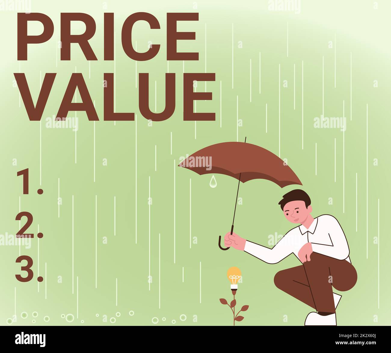 Conceptual display Price Value. Word Written on strategy which sets cost primarily but not exclusively Gentleman Holding Umbrella Growing Flower Presenting Newest Project Ideas. Stock Photo
