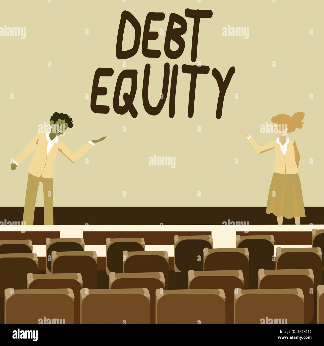 Text showing inspiration Debt Equity. Business approach dividing companys total liabilities by its stockholders Male and female colleagues doing presentation on stage with hand gestures. Stock Photo