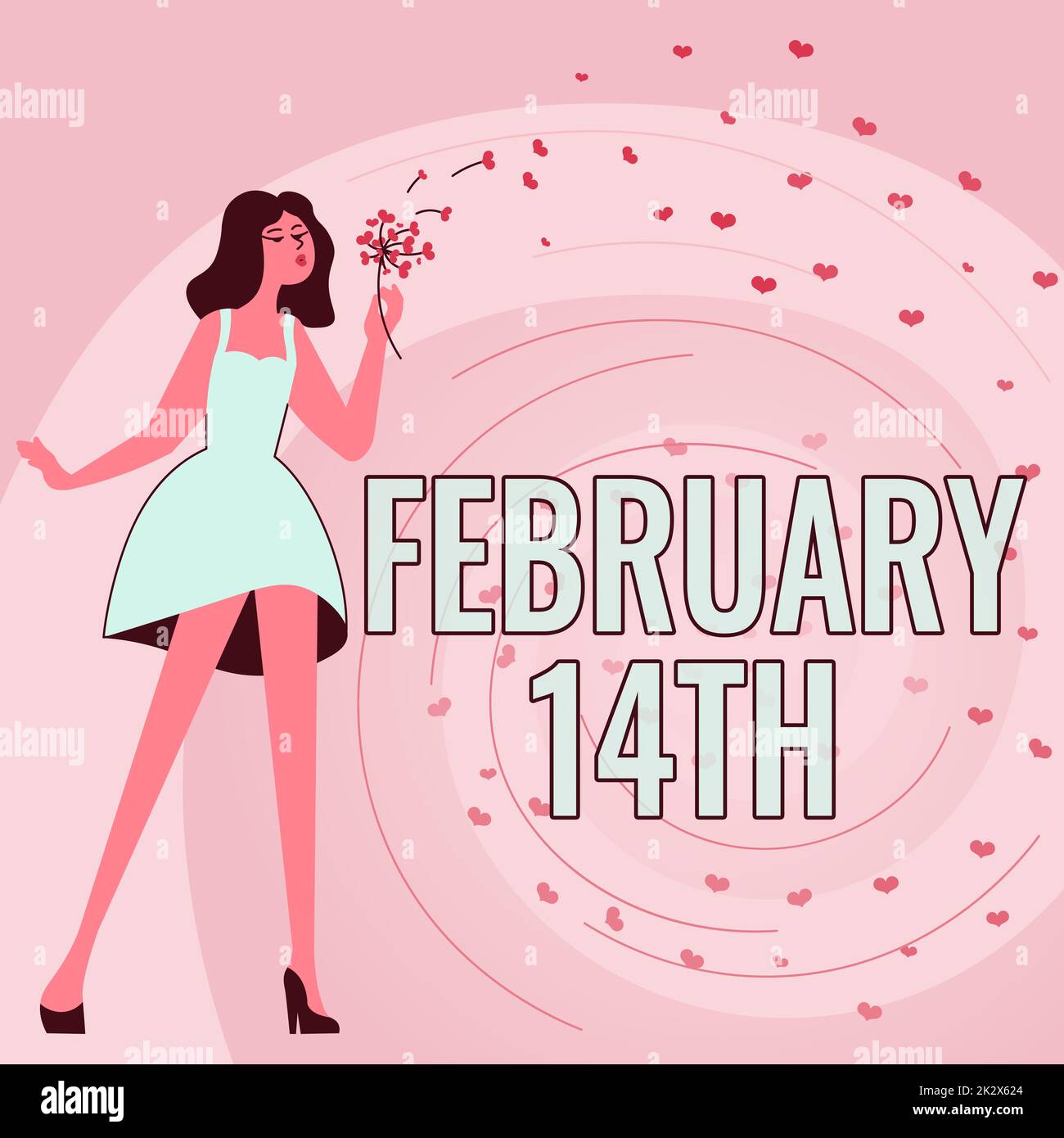 Writing displaying text FEBRUARY 14TH. Concept meaning Lovers Day named as Valentines day Woman blowing bunch of flowers displaying peaceful romantic nature. Stock Photo