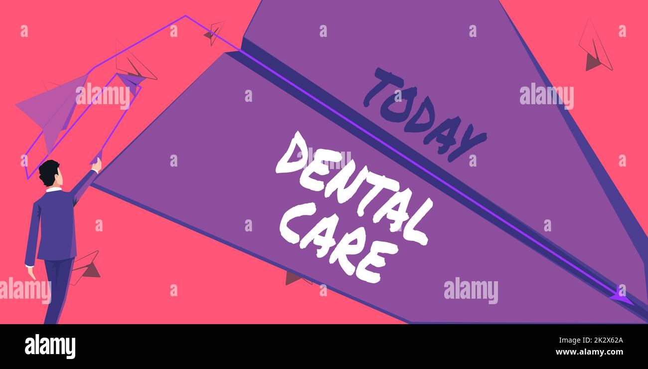Text sign showing Dental Care. Internet Concept maintenance of healthy teeth or to keep it clean for future Man flies paper plane representing innovative plans achieving goals. Stock Photo