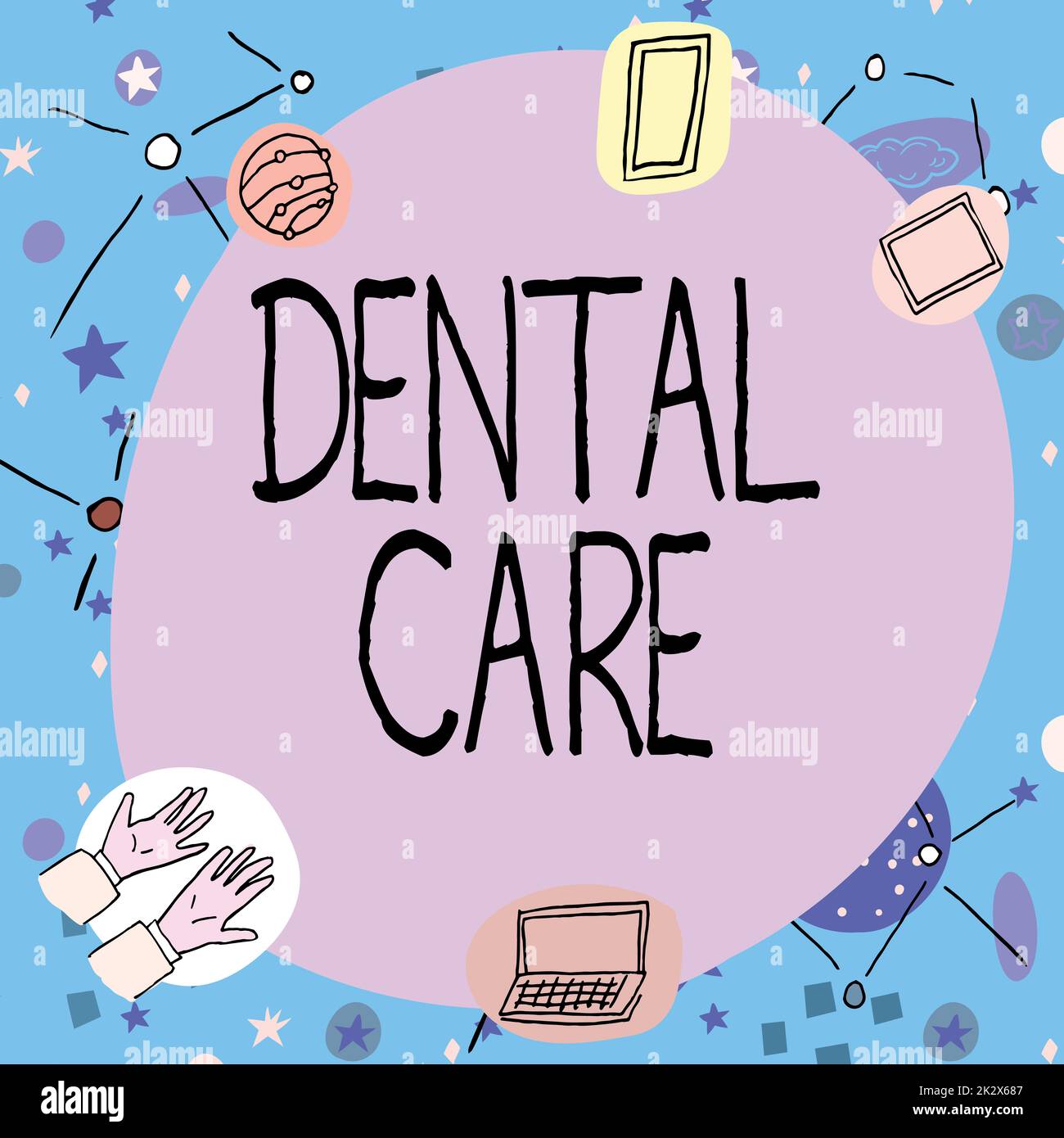 Writing displaying text Dental Care. Business overview maintenance of healthy teeth or to keep it clean for future Blank frame decorated with modern science symbols displaying technology. Stock Photo