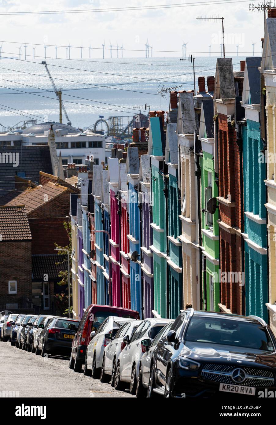 Multicoloured terraced houses in Blaker Street Brighton Sussex UK  Photograph taken by Simon Dack Stock Photo