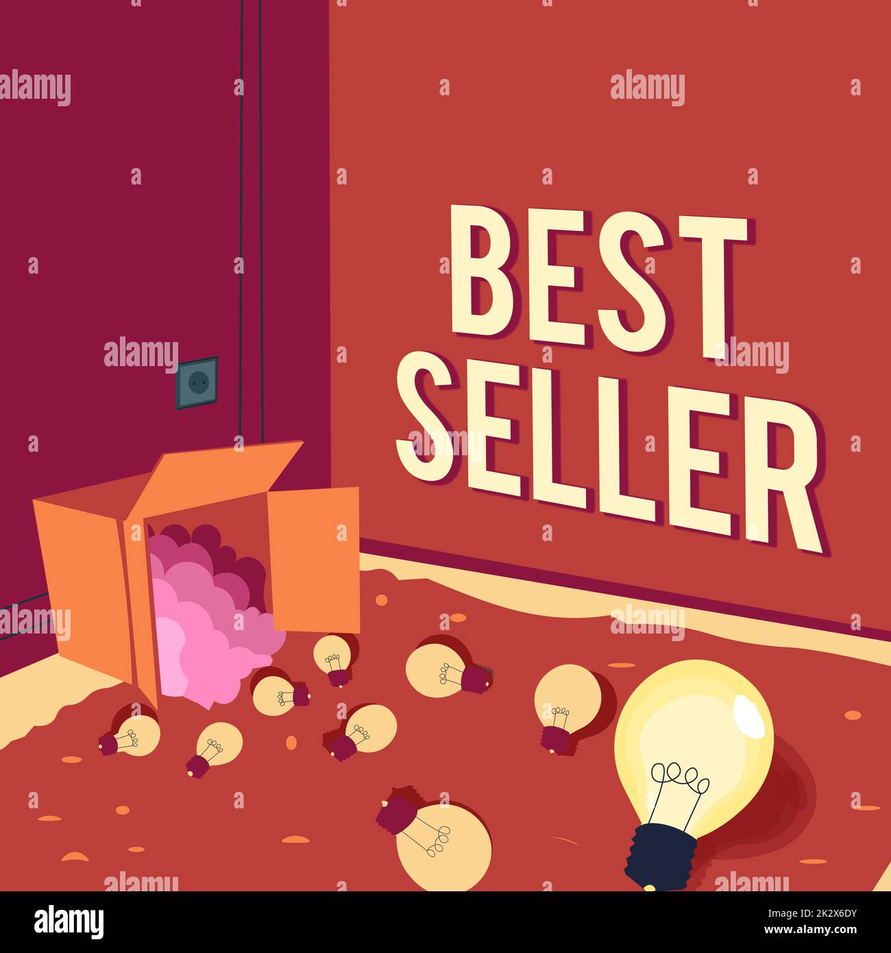 Text showing inspiration Best Seller. Business showcase book or other product that sells in very large numbers Light bulbs spilled out box symbolizing innovative thinking. Stock Photo