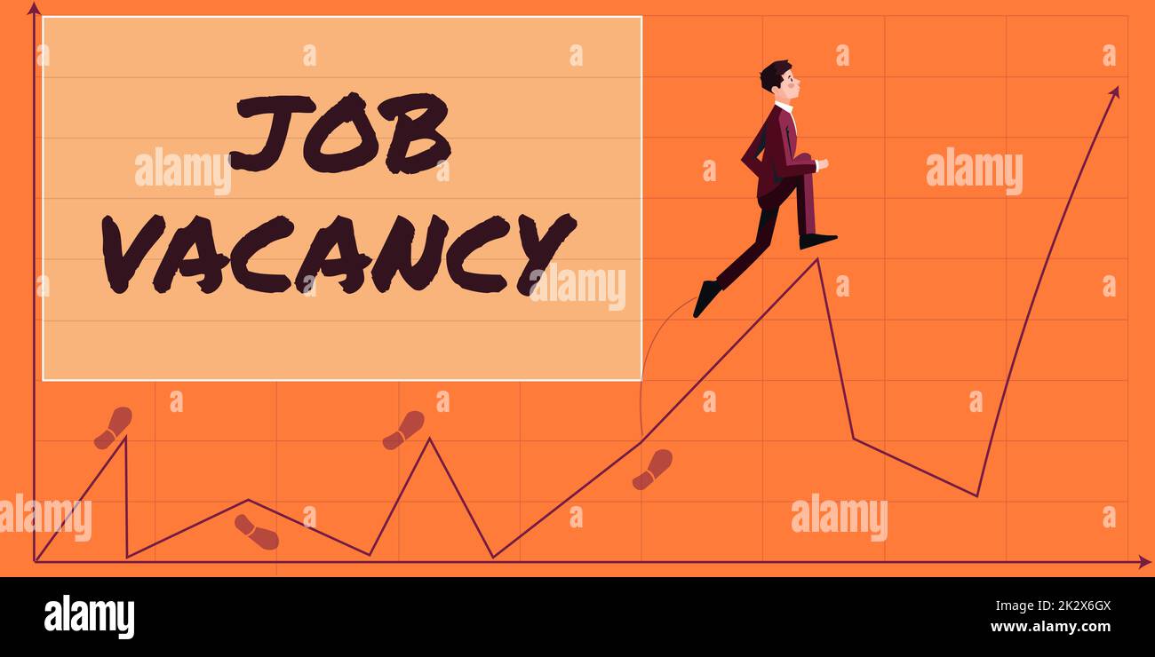 Text showing inspiration Job Vacancy. Conceptual photo empty or available paid place in small or big company usinessman climbing upwards growth chart representing project success. Stock Photo