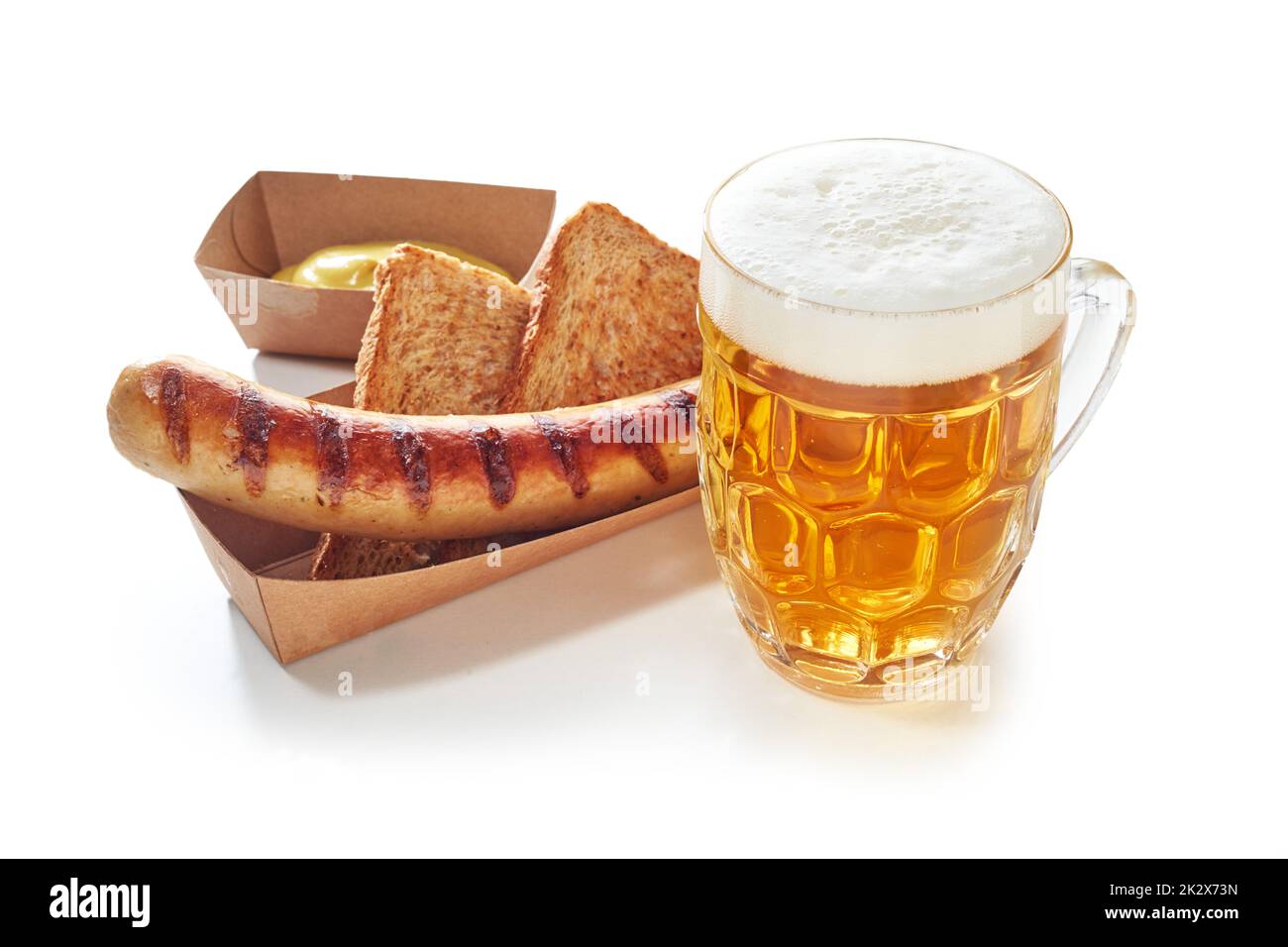 Beer and grilled sausage on table Stock Photo