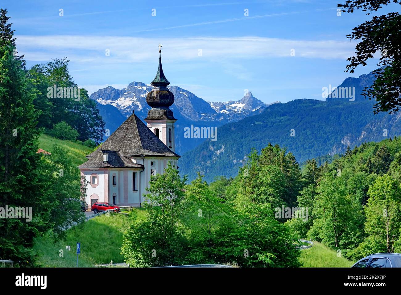 Germany, Bavaria, Landkreis Berchtesgaden, Berchtesgadener Alpen, Pilgrimage Church of Maria Gern, Hagen mountains, Steinernes Meer mountains Stock Photo