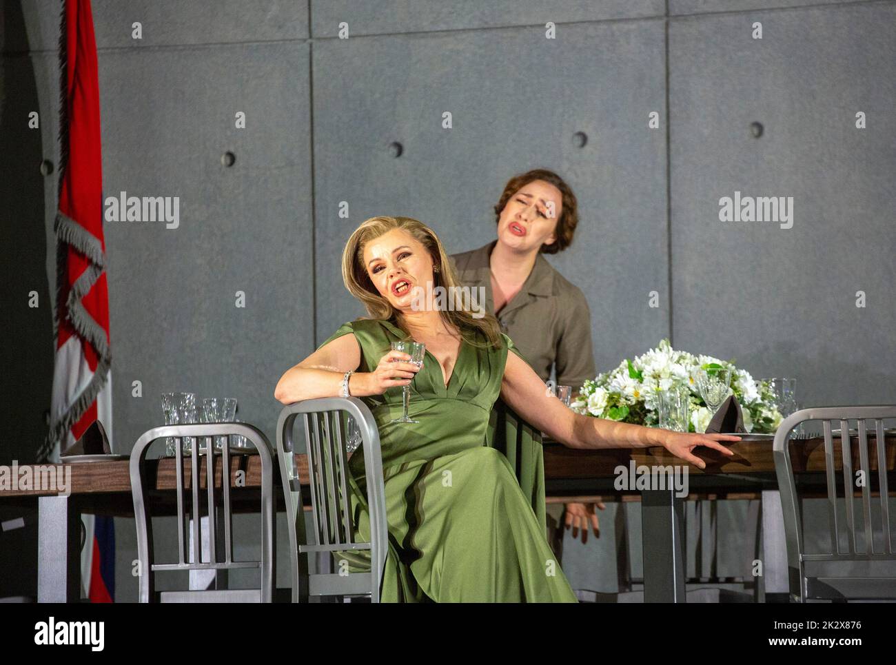 l-r: Agnieszka Rehlis (Amneris), Elena Stikhina (Aida) in a new production of AIDA by Verdi opening at The Royal Opera, Covent Garden, London WC2 on Sunday 25/09/2022  an updated version originally set in Egypt now with overtones or references to war in Europe    conductor: Antonio Pappano  set design: Miriam Buether  costumes: Annemarie Woods  lighting: Robert Carsen & Peter van Praet  video design: Duncan McLean  choreographer: Rebecca Howell  director: Robert Carsen Stock Photo