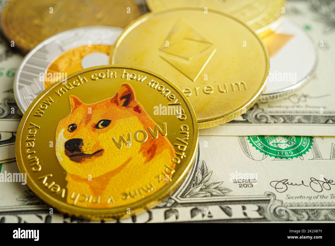Dogecoin WOW cryptocurrency symbol golden coin in hand abstract concept  Stock Photo - Alamy