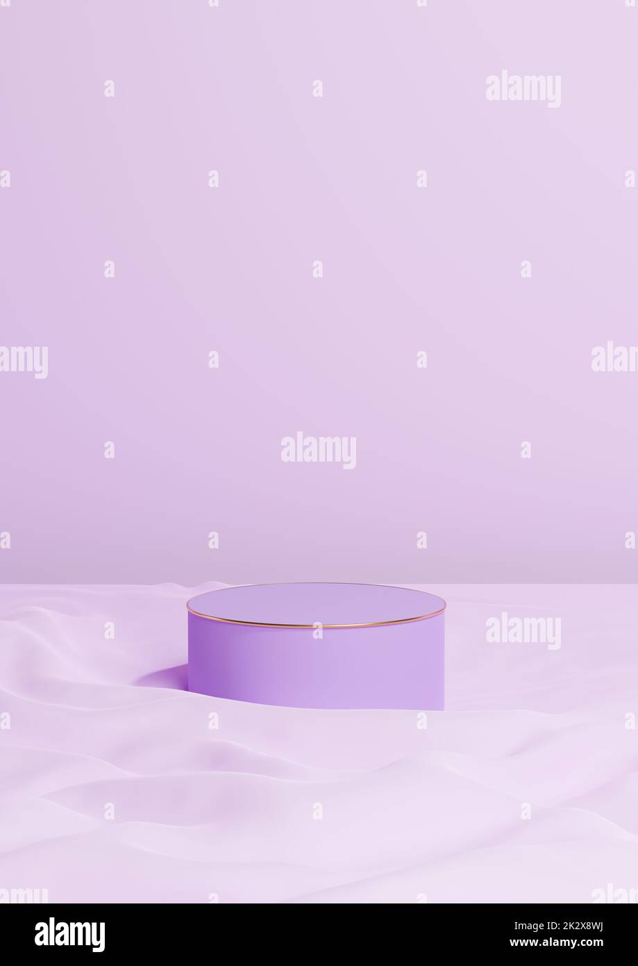 Light, pastel, lavender purple 3D rendering minimal product display one luxury cylinder podium or stand on wavy textile product background wallpaper abstract composition with golden line Stock Photo