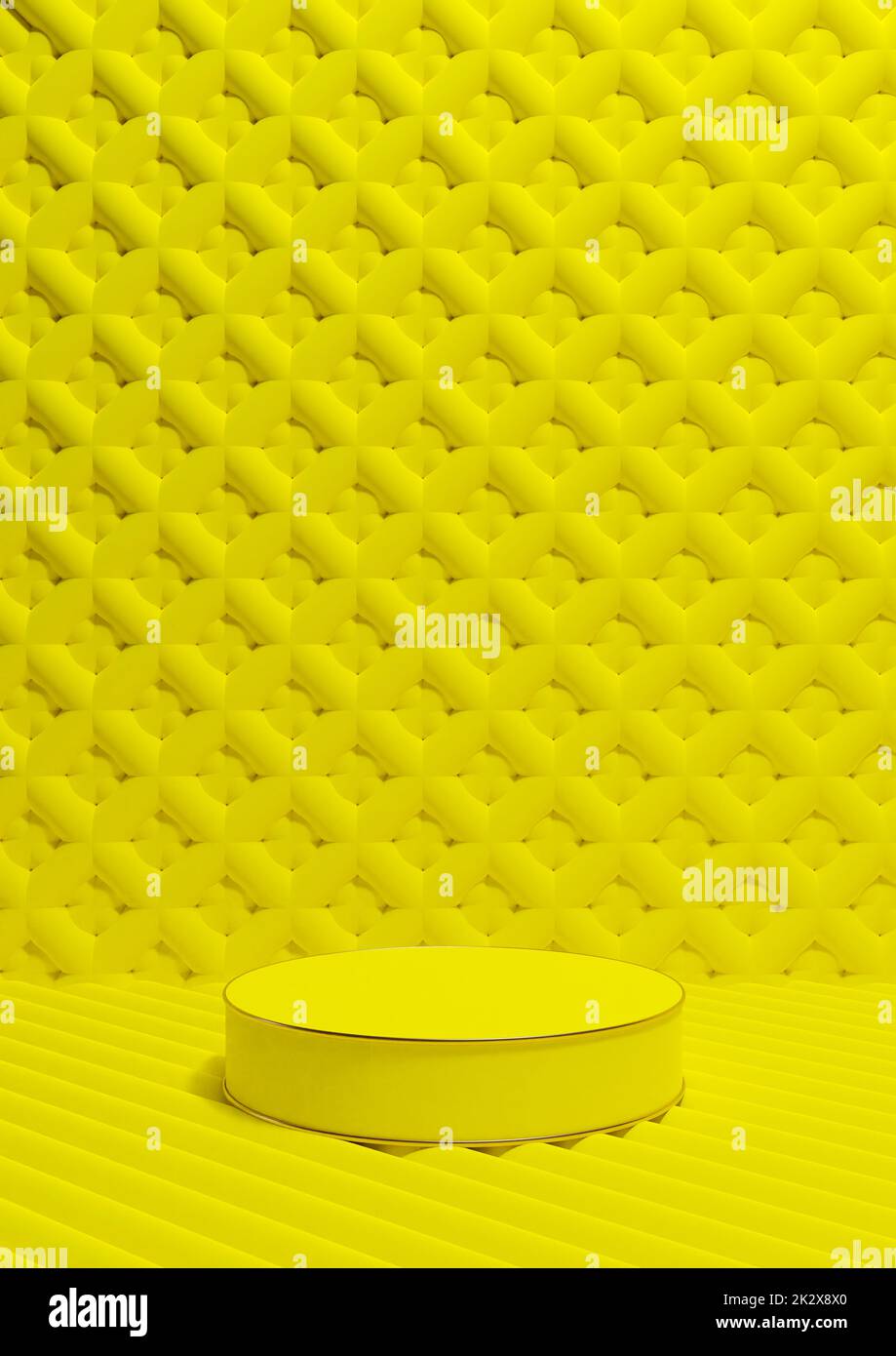 Bright, neon yellow 3D rendering luxury product display vertical product photography one cylinder podium stand golden line and ornament wallpaper or background simple, minimal composition Stock Photo