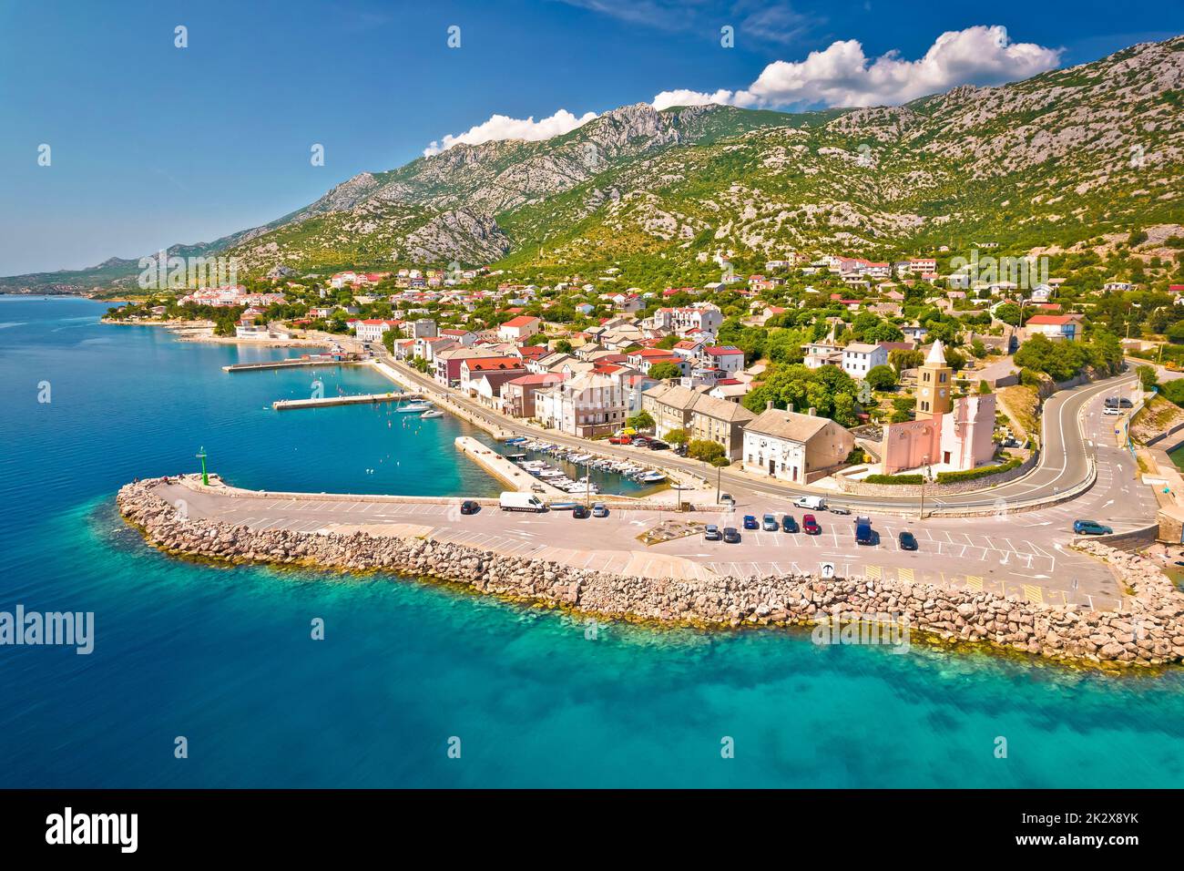 Aerial panoramic view of Karlobag waterfront and turquoise sea Stock Photo