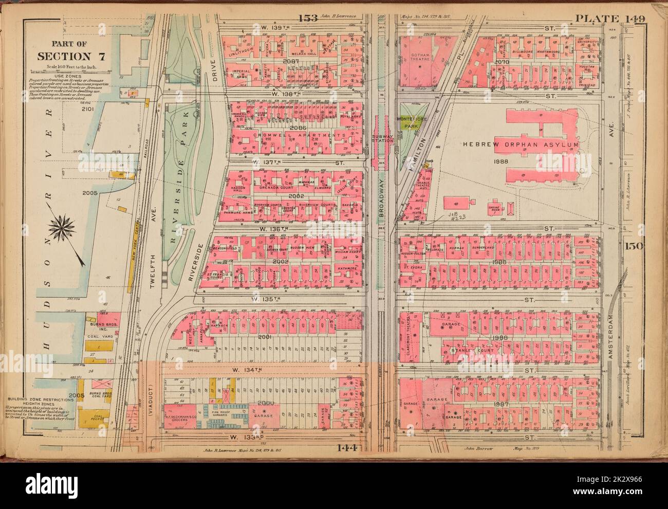 Cartographic, Maps. 1921 - 1923. Lionel Pincus and Princess Firyal Map Division. Real property , New York (State) , New York, Manhattan (New York, N.Y.) Plate 149: Bounded by W. 139th Street, Amsterdam Avenue, W. 133rd Street, Riverside Drive and (Hudson River) Twelfth Avenue Stock Photo