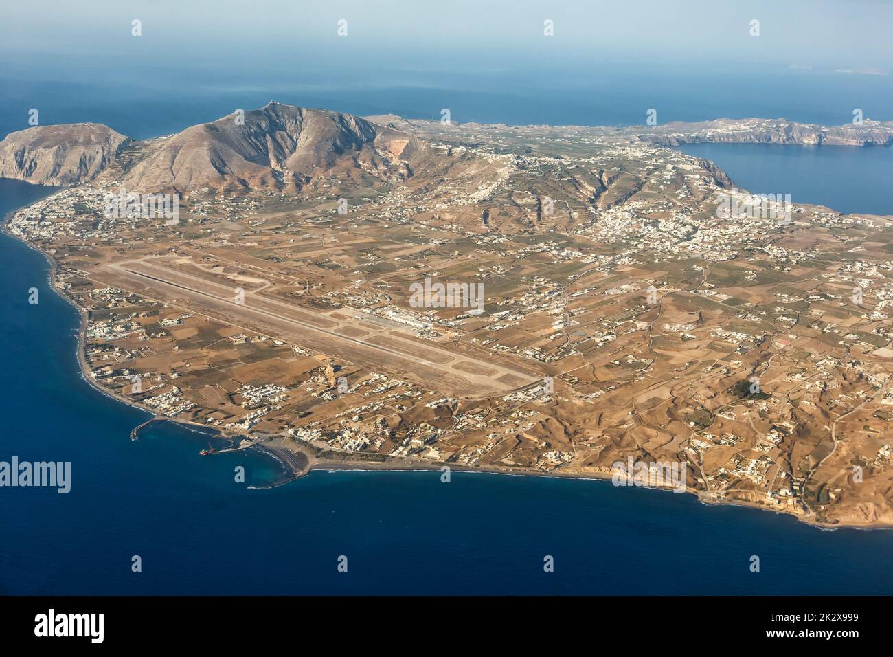 Overview Santorini Airport (JTR) in Greece aerial photo view Stock Photo