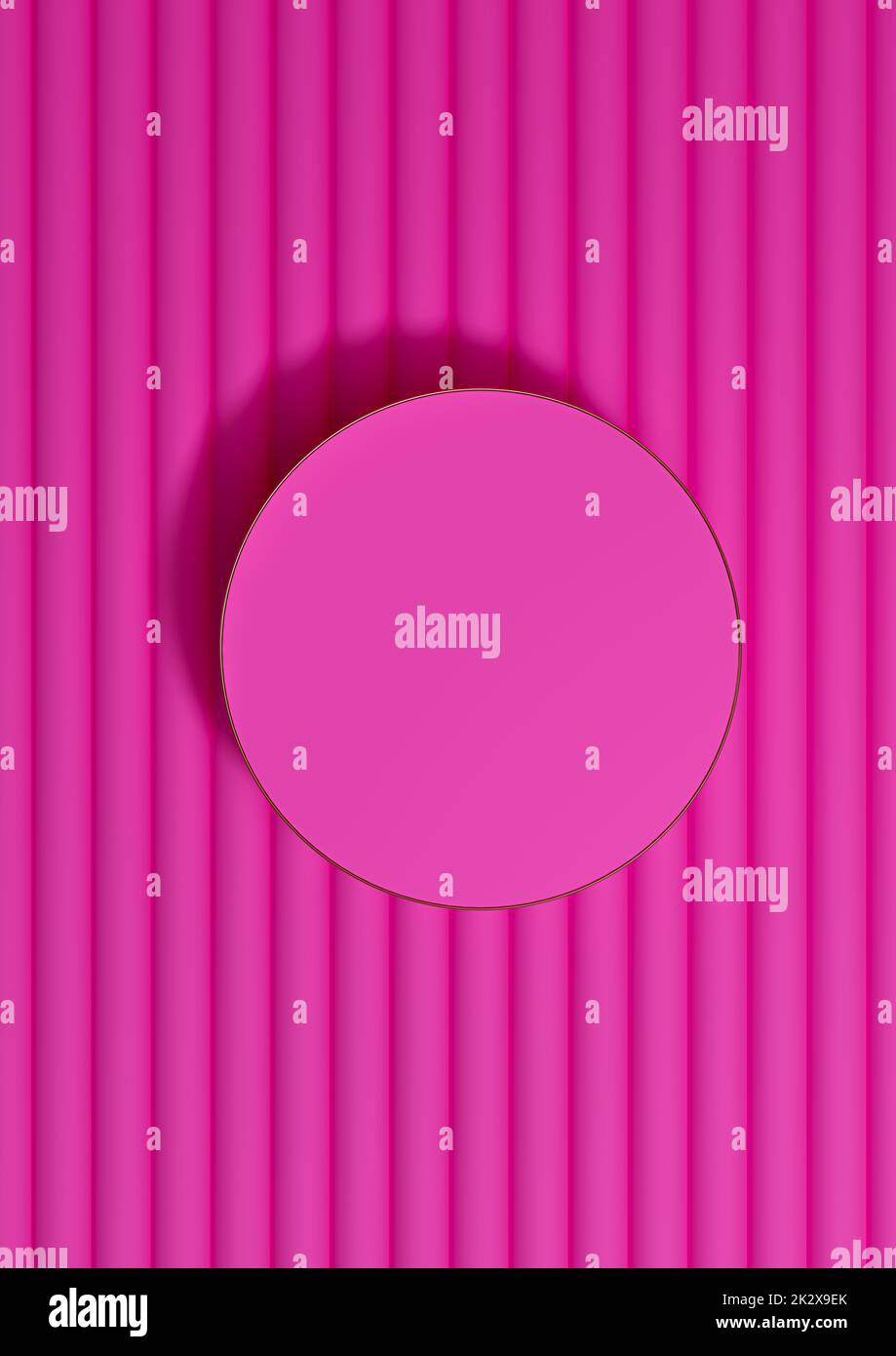 Bright magenta, neon pink 3D rendering of top view flat lay product display cylinder podium or stand product photography background or wallpaper, minimal, simple, luxury backdrop with golden line Stock Photo