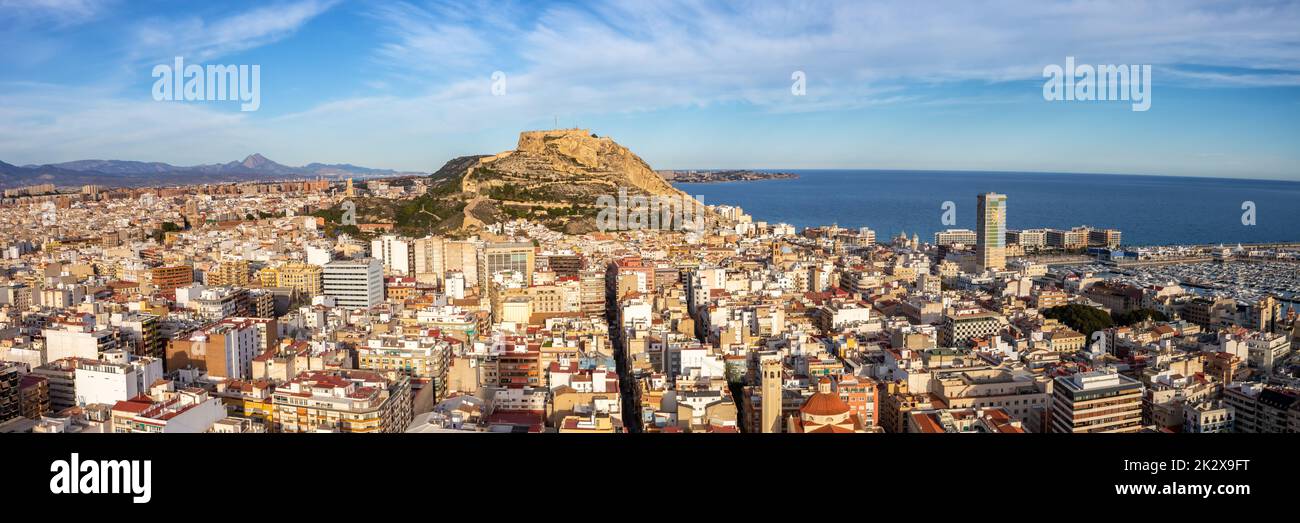 Alicante Alacant overview of town city and castle view Castillo Santa Barbara travel traveling holidays vacation panorama in Spain Europe Stock Photo