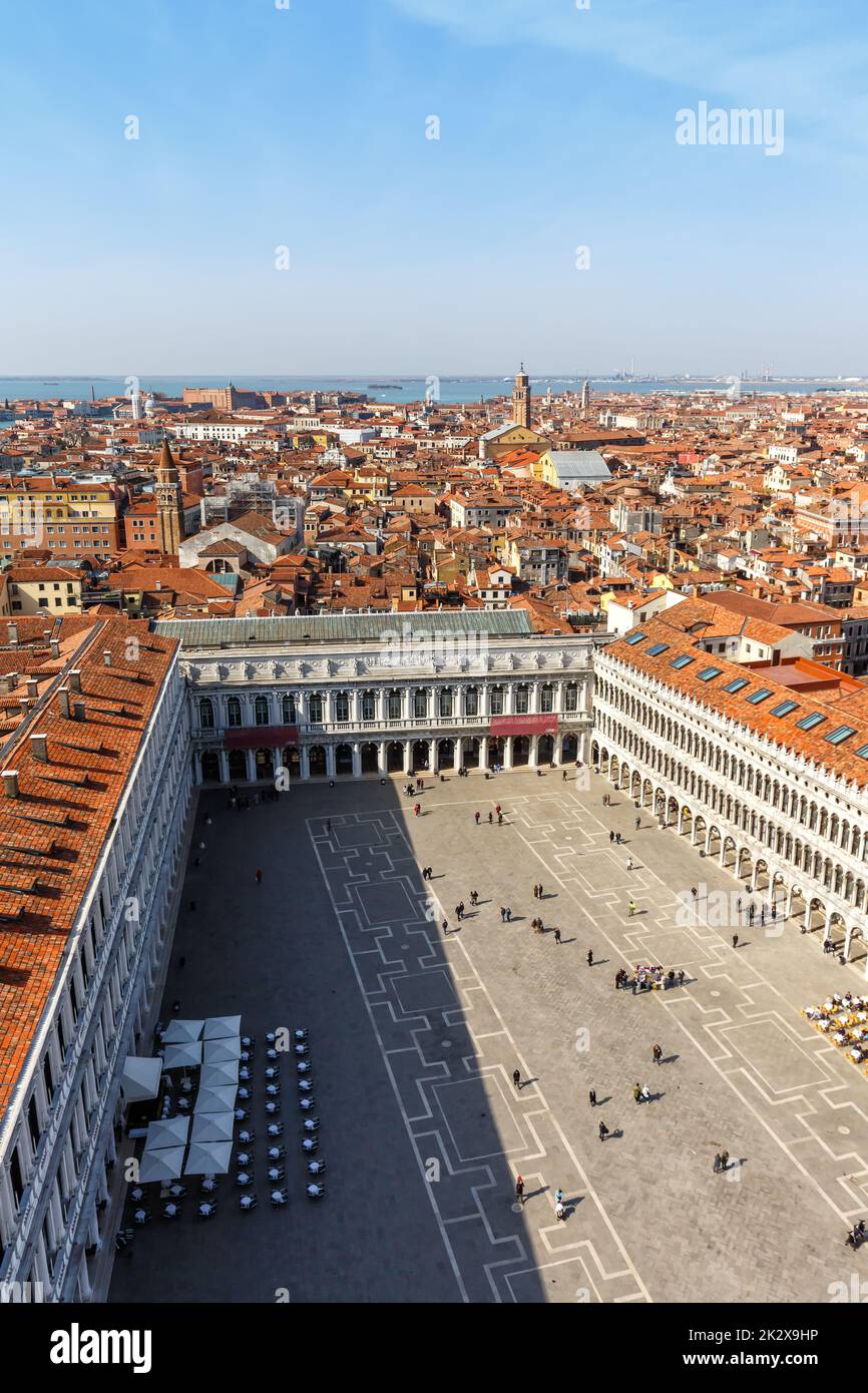Venice Piazza San Marco Square from above overview travel traveling holidays vacation town city portrait format in Italy Stock Photo