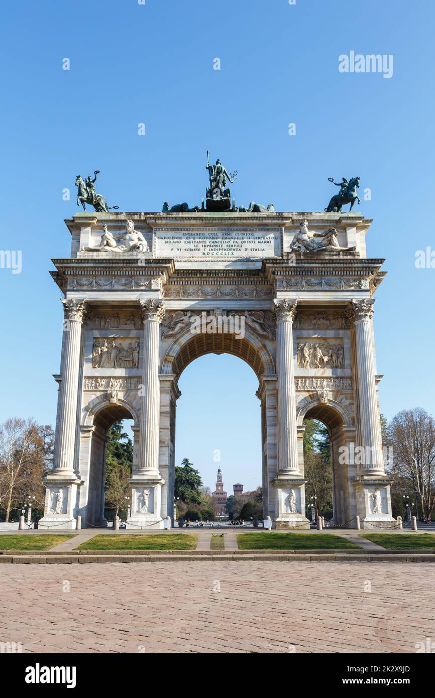 Milan Arco Della Pace Milano peace triumphal arch gate travel traveling town city portrait format in Italy Stock Photo