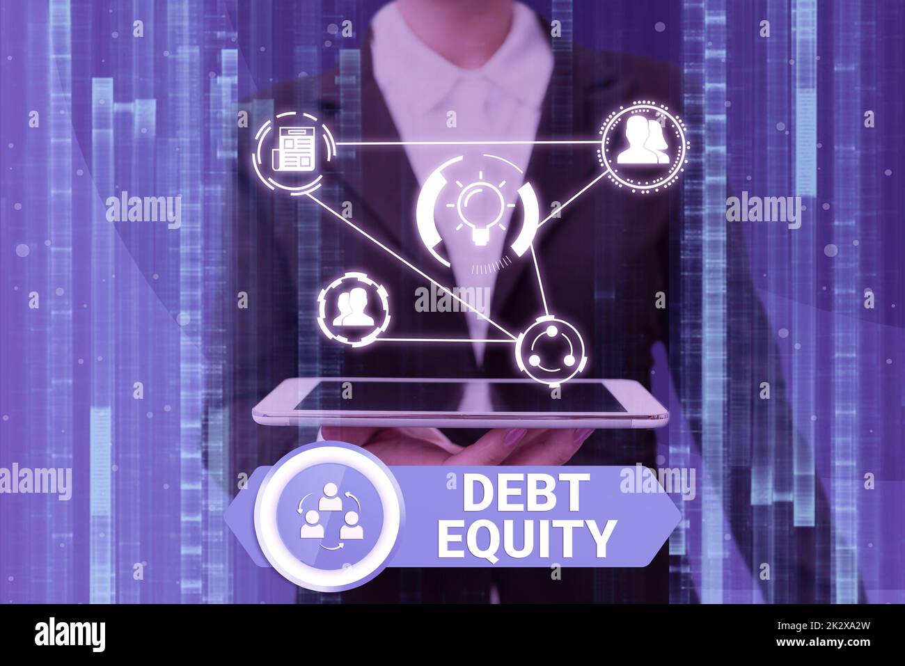 Text sign showing Debt Equity. Word for dividing companys total liabilities by its stockholders Lady in suit holding electrical tablet presenting innovative thinking. Stock Photo