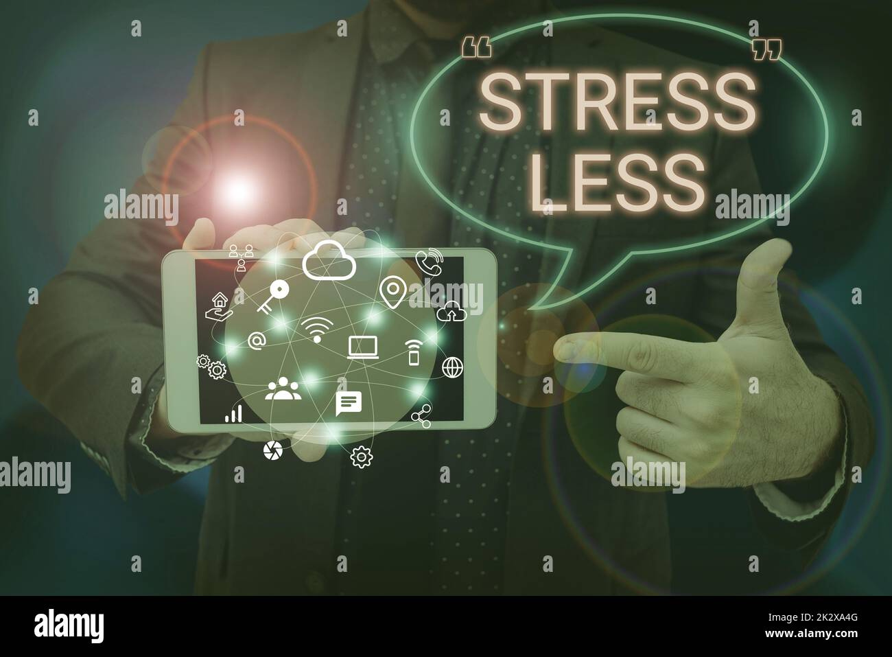 Sign displaying Stress Less. Business showcase Stay away from problems Go out Unwind Meditate Indulge Oneself Man holding Screen Of Mobile Phone Showing The Futuristic Technology. Stock Photo