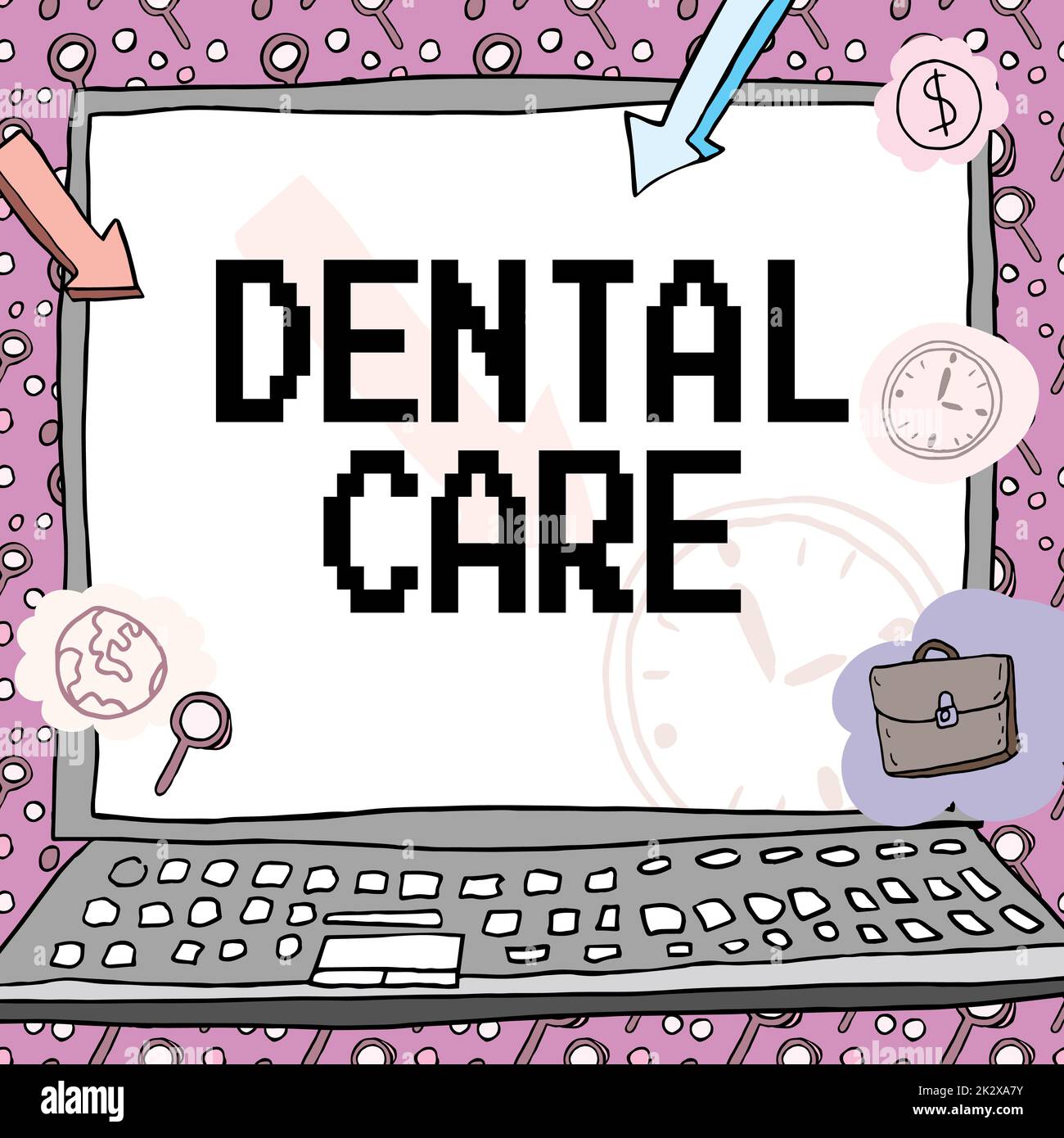 Hand writing sign Dental Care. Word Written on maintenance of healthy teeth or to keep it clean for future Poster decorated with monetary symbols displaying punctuality of employees. Stock Photo