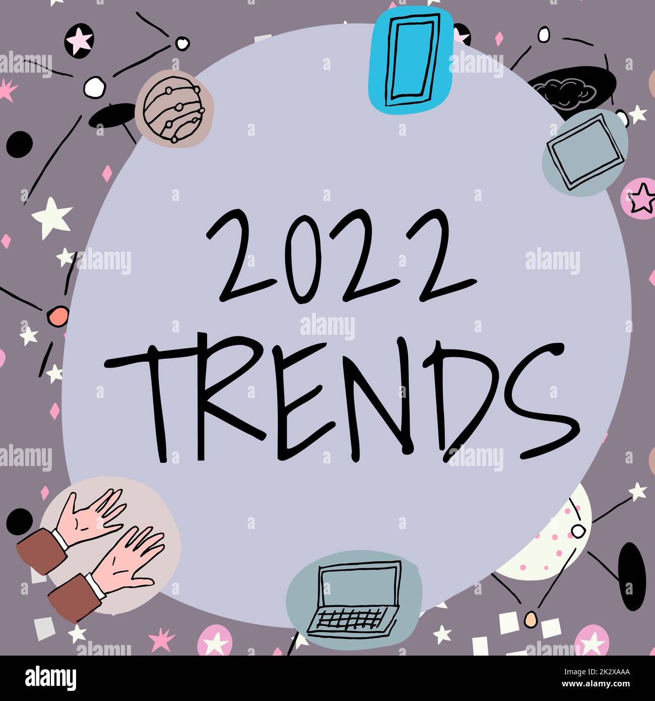 Conceptual display 2022 Trends. Business approach things that is famous for short period of time in current year Blank frame decorated with modern science symbols displaying technology. Stock Photo