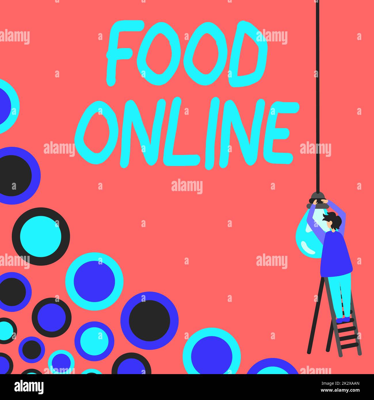 Conceptual caption Food Online. Internet Concept asking for something to eat using phone app or website Businessman Standing Ladder Fixing Light Bulb Generating New Futuristic Ideas. Stock Photo