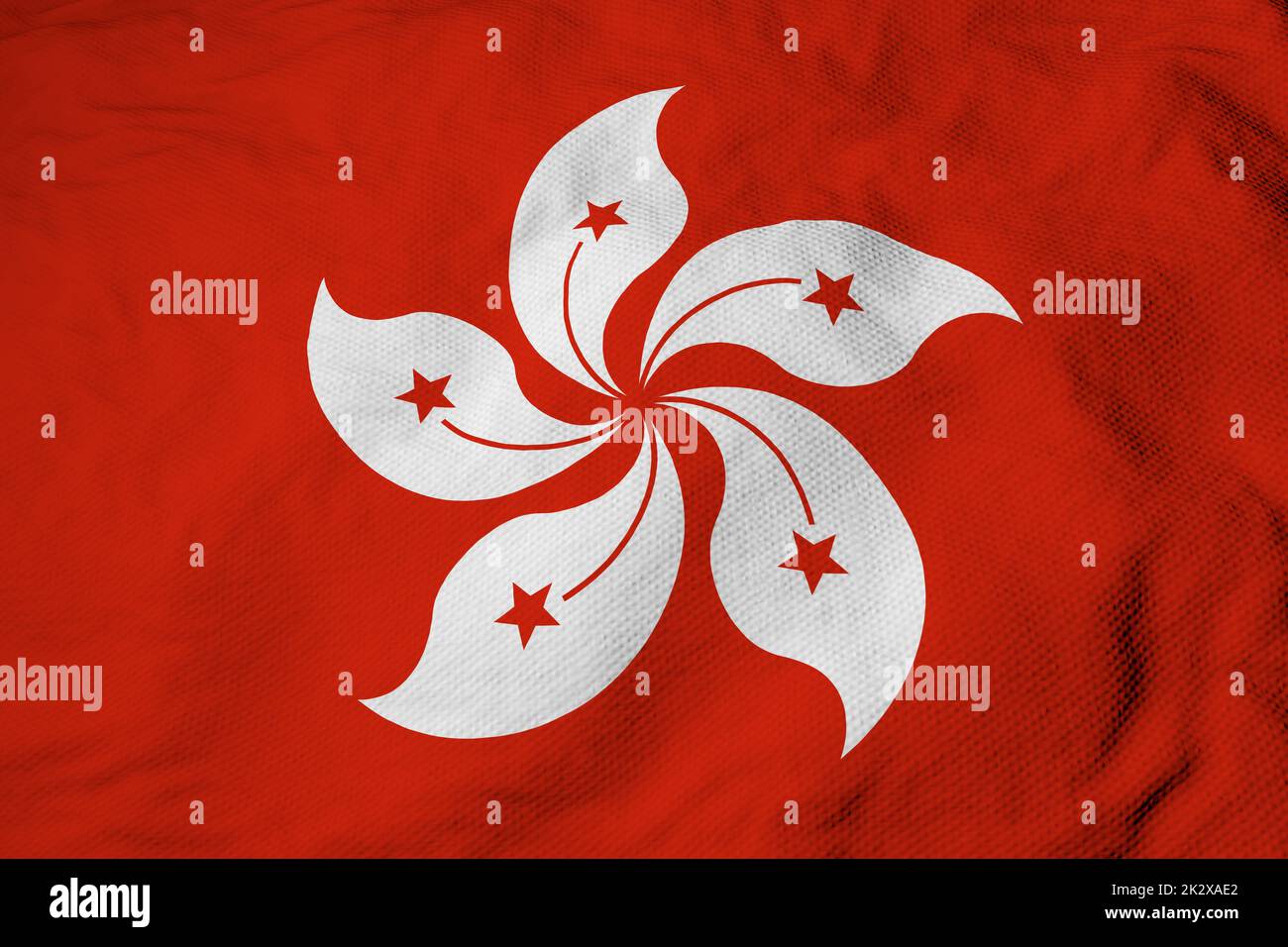 Full frame close-up on a waving Flag of Hong Kong in 3D rendering. Stock Photo