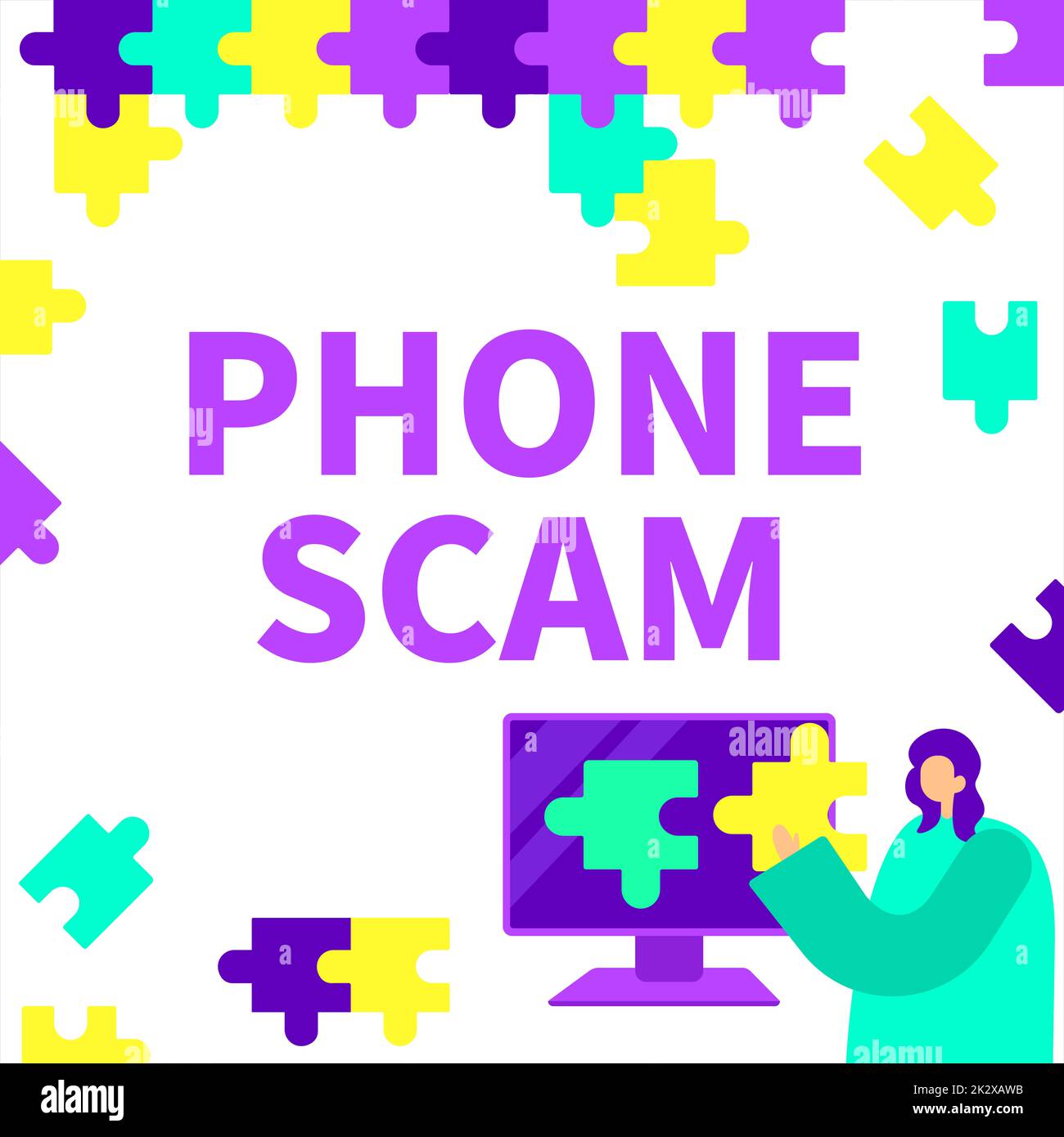 Text showing inspiration Phone Scam. Business overview getting unwanted calls to promote products or service Telesales Lady Holding Puzzle Piece Representing Innovative Problem Solving Ideas. Stock Photo