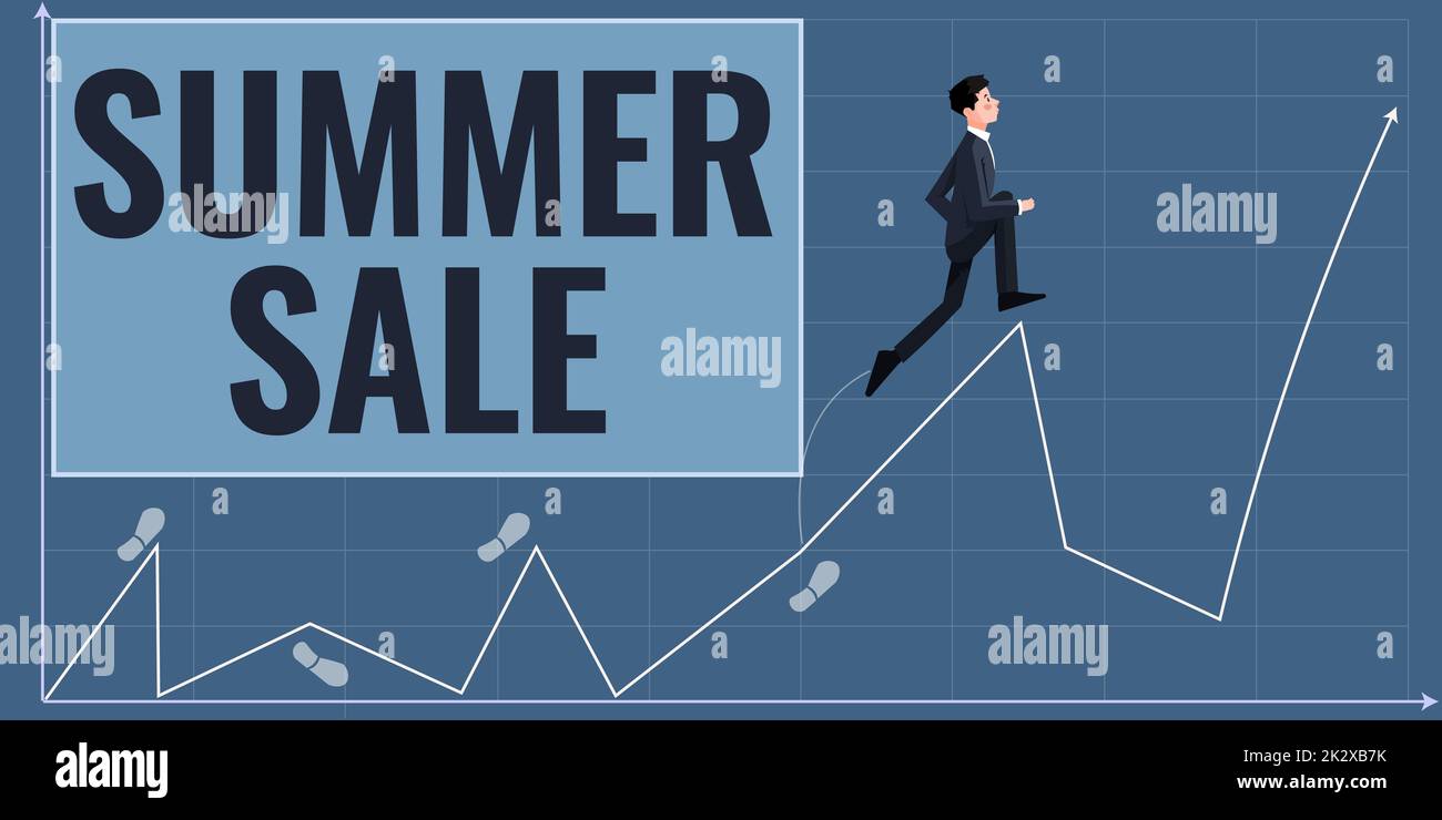 Text sign showing Summer Sale. Business concept Annual discount events that takes place during summer season usinessman climbing upwards growth chart representing project success. Stock Photo