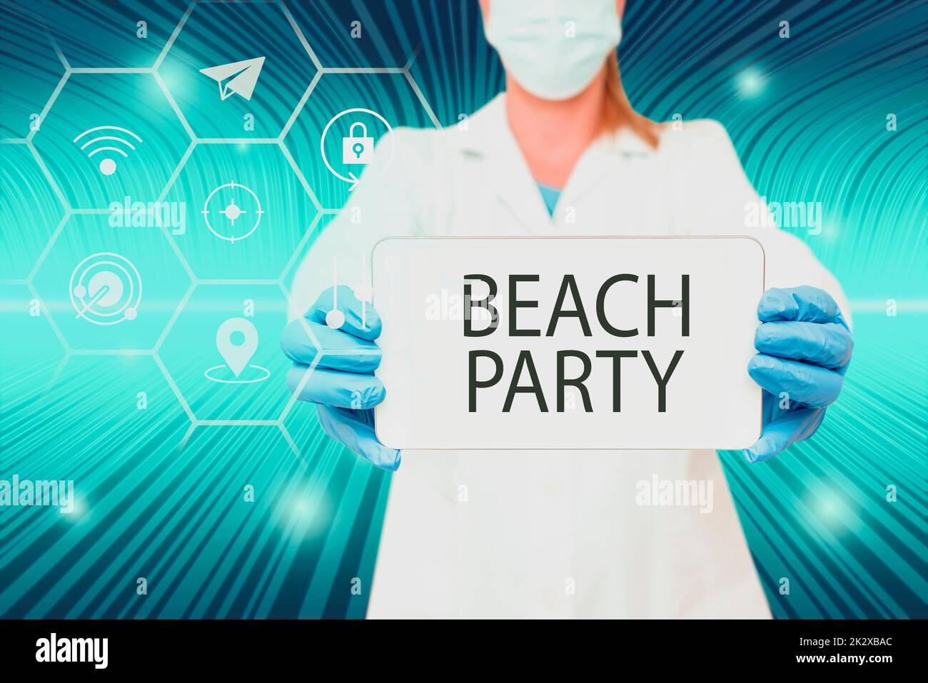 Sign displaying Beach Party. Internet Concept small or big festival held on sea shores usually wearing bikini Nurse holding tablet symbolizing successful teamwork accomplishments. Stock Photo