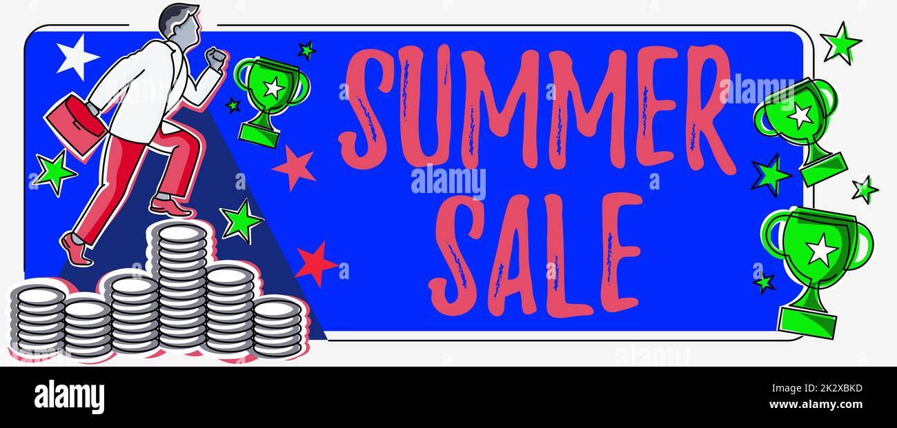 Handwriting text Summer Sale. Business idea Annual discount events that takes place during summer season Man climbing upwards money representing project success achieving goals. Stock Photo