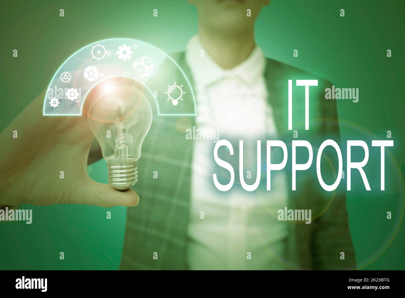 Writing displaying text It Support. Business concept Lending help about information technologies and relative issues Lady in suit holding light bulb representing innovative thinking. Stock Photo