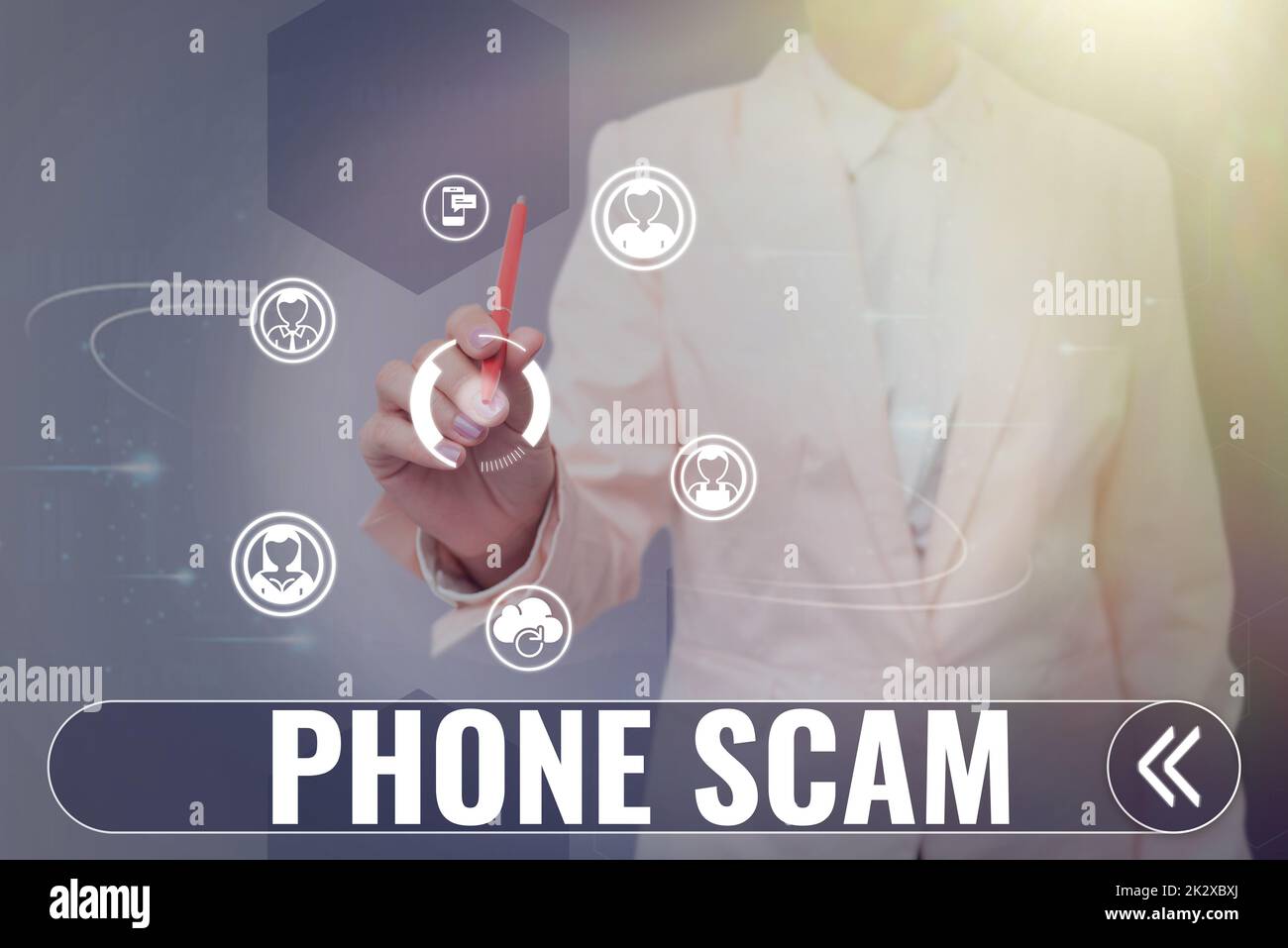 Handwriting text Phone Scam. Word Written on getting unwanted calls to promote products or service Telesales Lady in suit holding pen symbolizing successful teamwork accomplishments. Stock Photo
