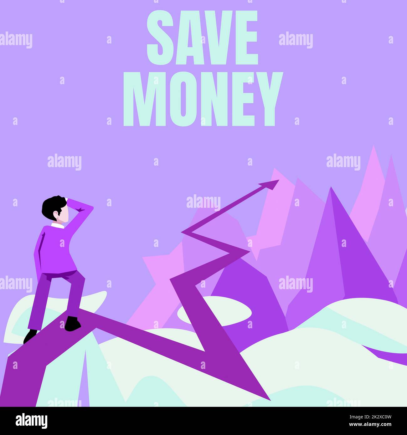 Inspiration showing sign Save Money, Word for store some of your cash every month to use them sometime later Man watching horizon arrow pointing symbo Stock Photo