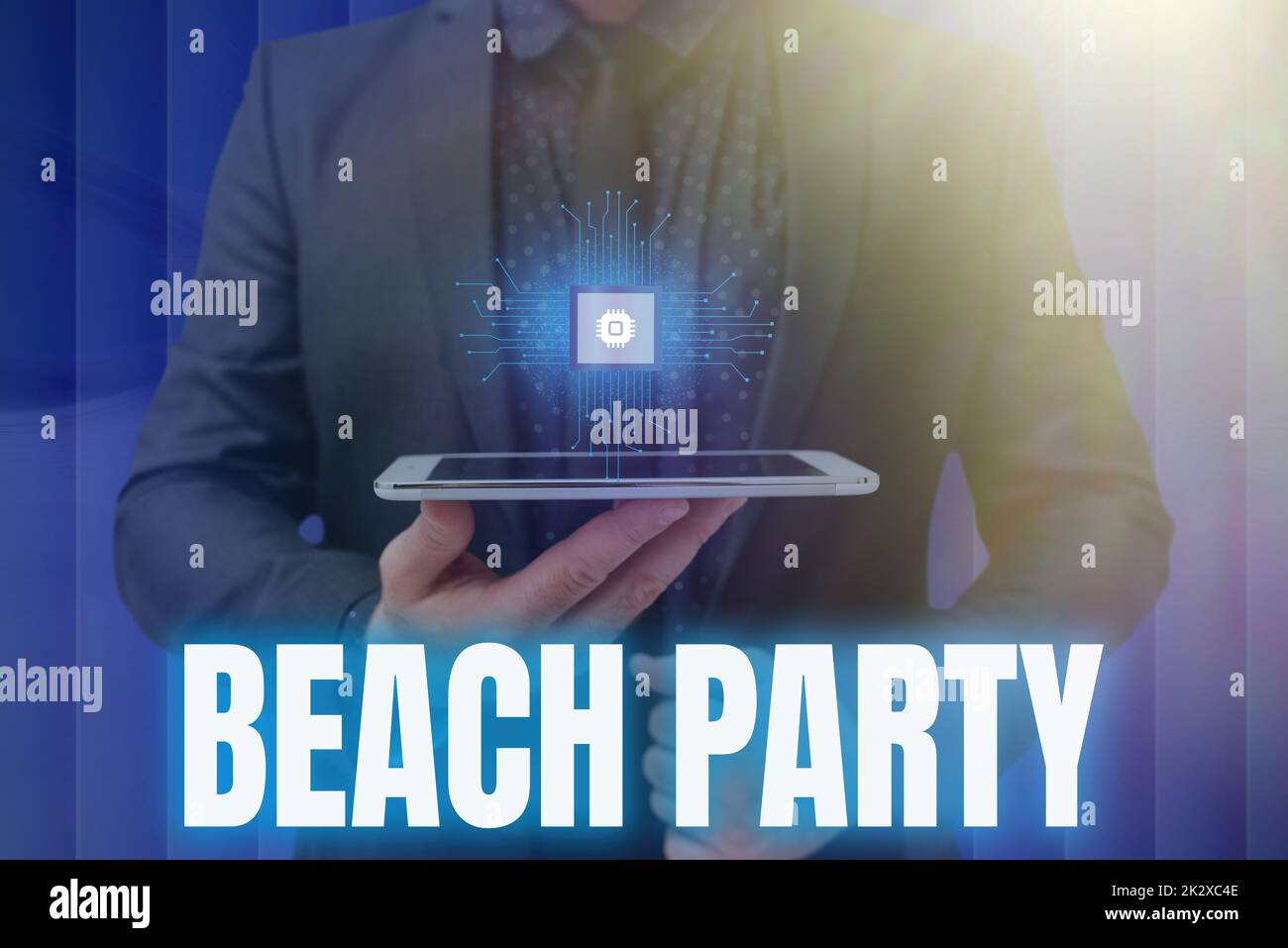 Sign displaying Beach Party. Business concept small or big festival held on sea shores usually wearing bikini Man holding Screen Of Mobile Phone Showing The Futuristic Technology. Stock Photo